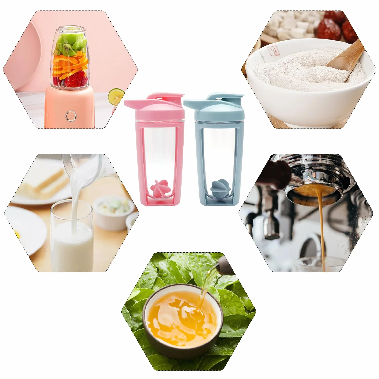 Zestaw 2 shakerów proteinowych z piłką do miksowania, bez BPA, dwuwarstwowy kubek do shake'a, 500 ml, ze skalą i pokrywką, szczelna, sportowa butelka do fitnessu, diety, dla mężczyzn i kobiet