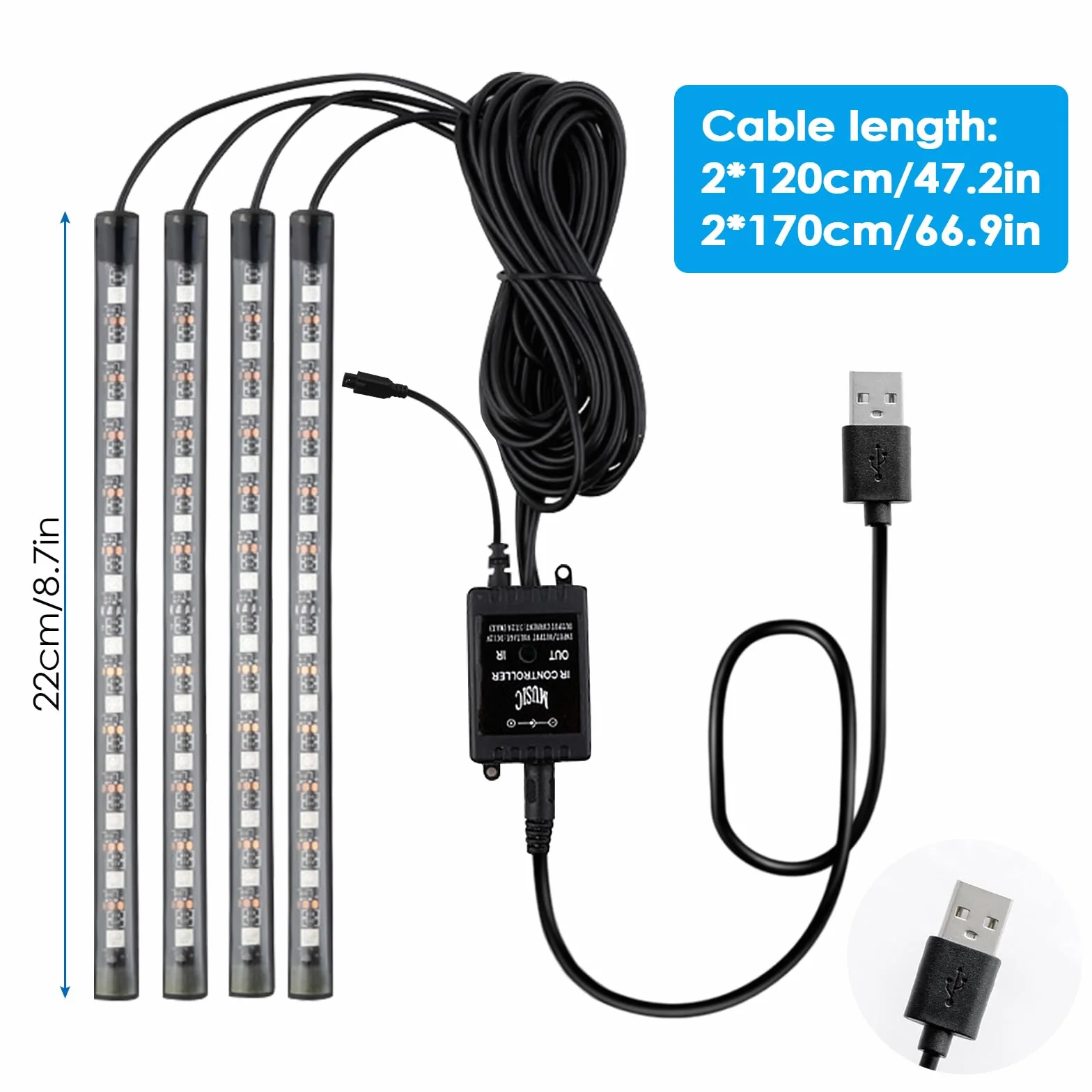 Oświetlenie wewnętrzne LED do samochodu, 48 diod LED, listwa świetlna z portem USB i pilotem na podczerwień