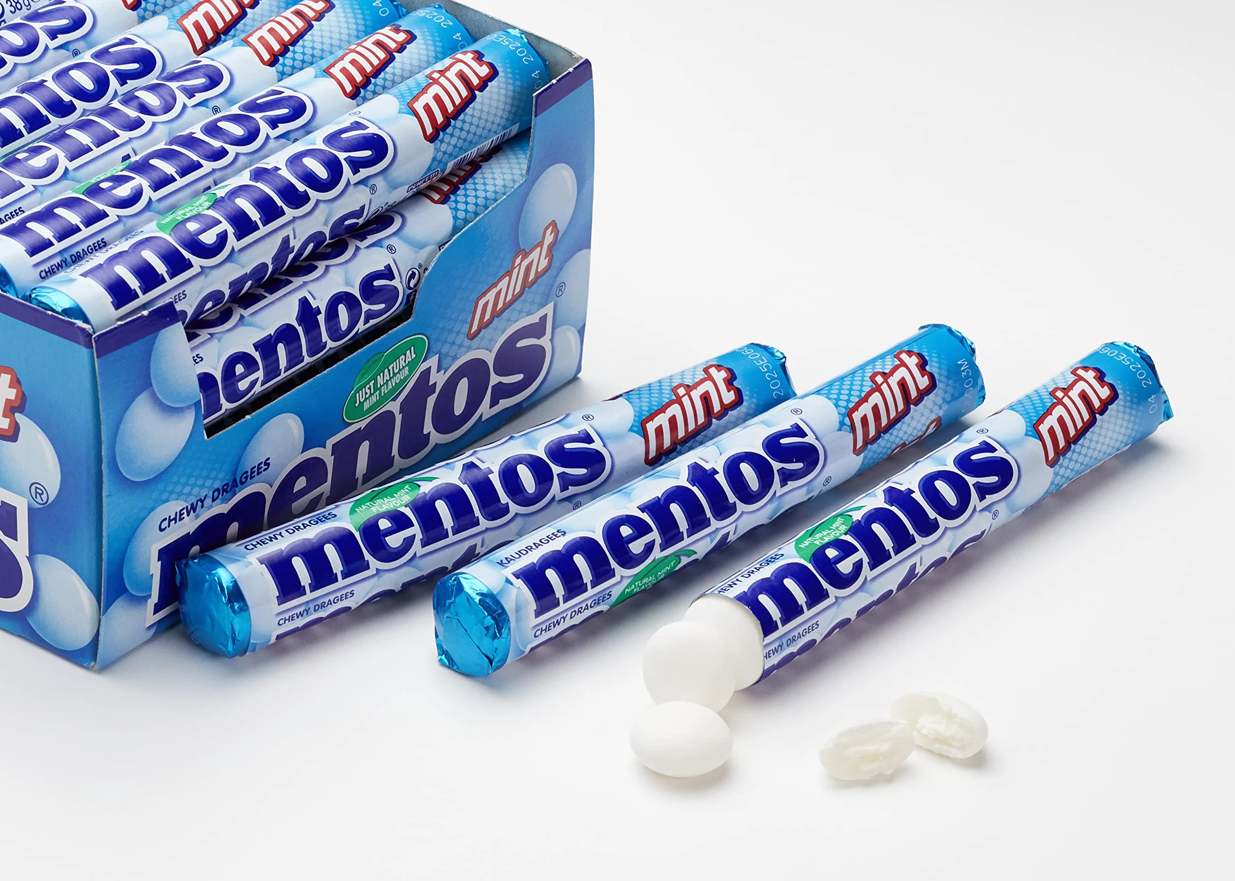 Mentos Miętowe cukierki do żucia, drażetki o smaku mięty pieprzowej dla świeżego oddechu, opakowanie zbiorcze, opakowanie na cukierki, wyświetlacz sprzedaży (40 rolek), wegańskie