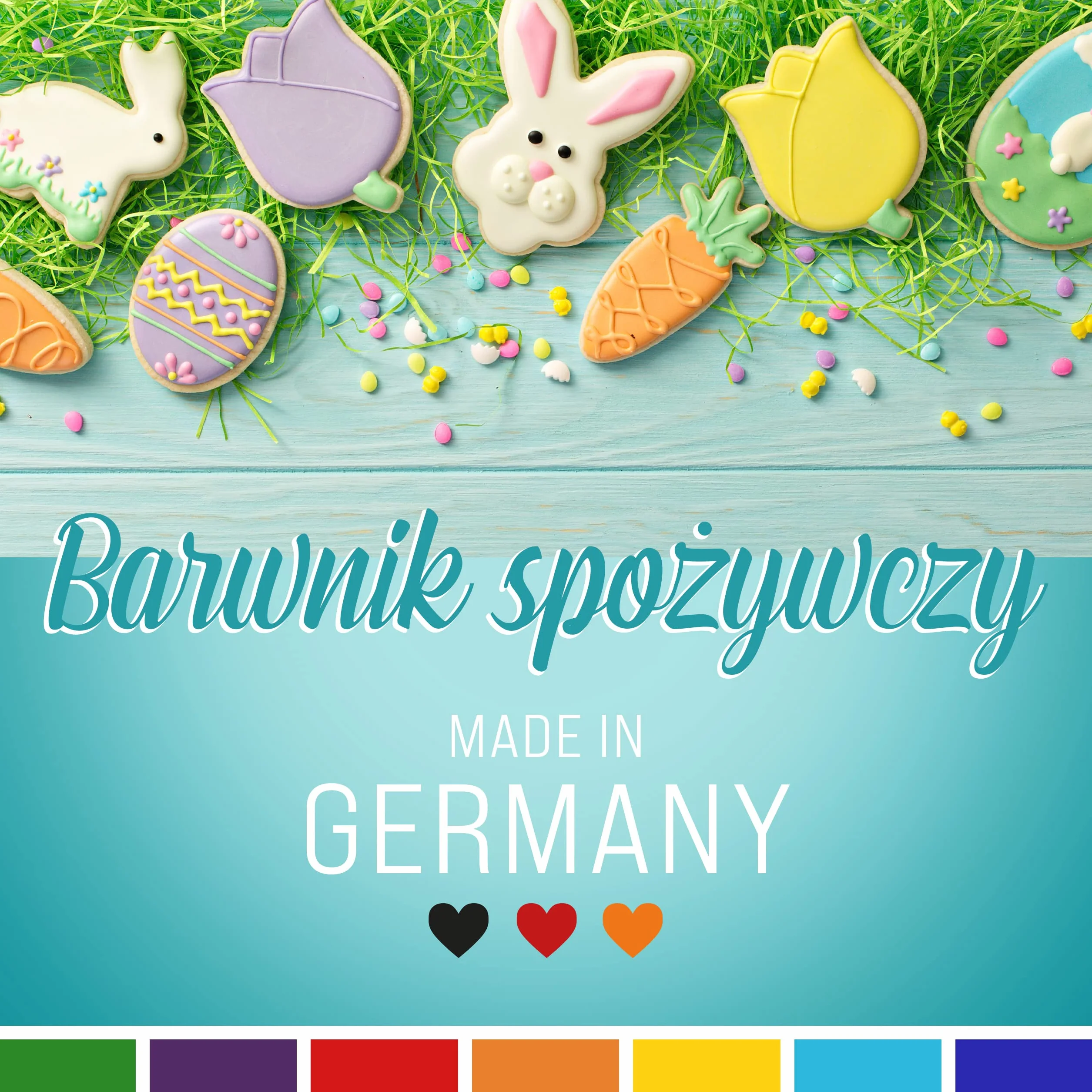Zestaw barwników spożywczych Wielkanoc 7x10ml Wysoce skoncentrowany barwnik, Wyprodukowano w Niemczech bez cukru, płynny, do barwienia napojów, ciast, ciastek, polew, slime i wielu innych. Dekoracja ciast - akcesoria do pieczenia