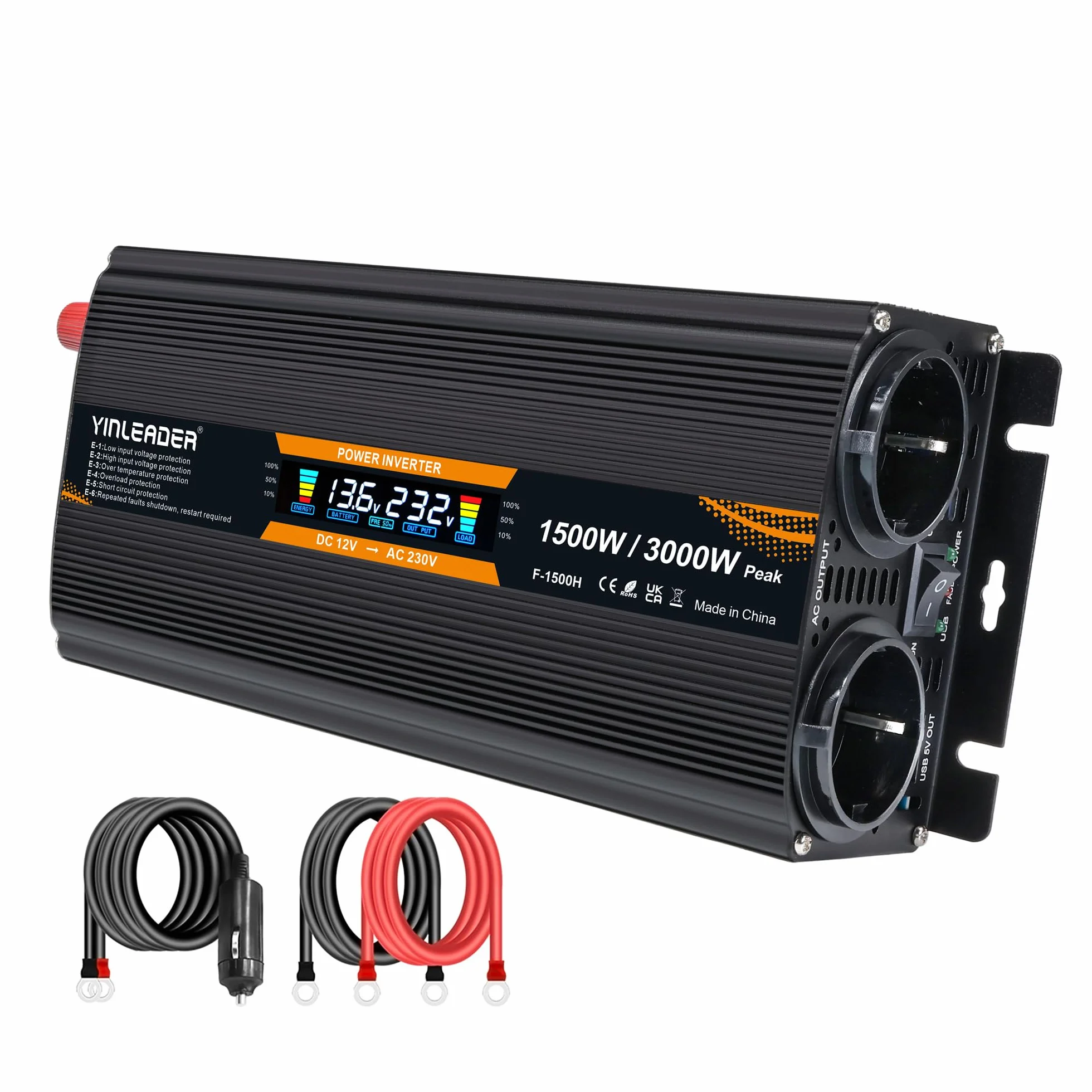 Przetwornica napięcia 12 V, 230 V, 1500 W/ 3000 W, przetwornica prądu z 2 gniazdami, 1 USB