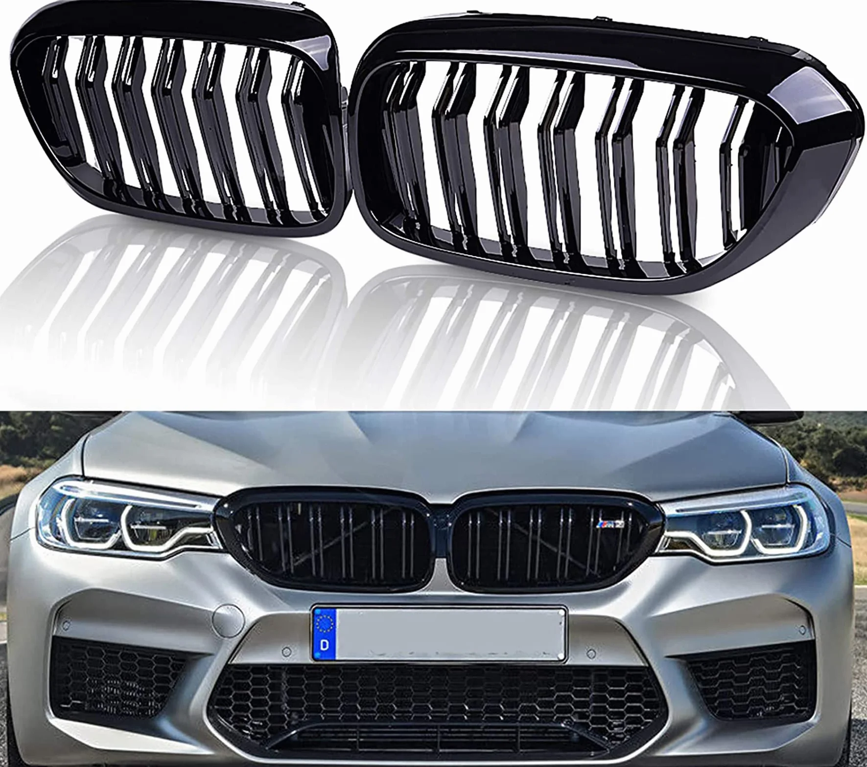 G30 kratka chłodnicy, nerki G31, czarna, pasuje do BMW serii 5 G30 G31, grill nerki, czarny, 2017-2020, podwójne lamele, czarne, błyszczące