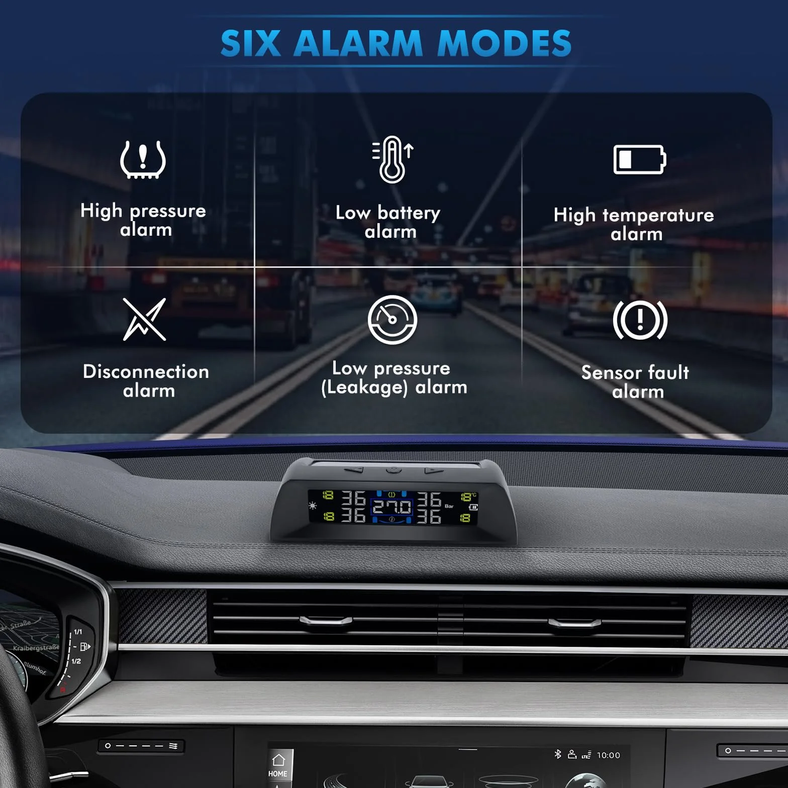 KAOLALI System monitorowania ciśnienia w oponach, TPMS z monitorowaniem temperatury w samochodzie, ładowarka solarna i USB, 4 zewnętrzne czujniki opon, automatyczne włączanie/wyłączanie, do kampera