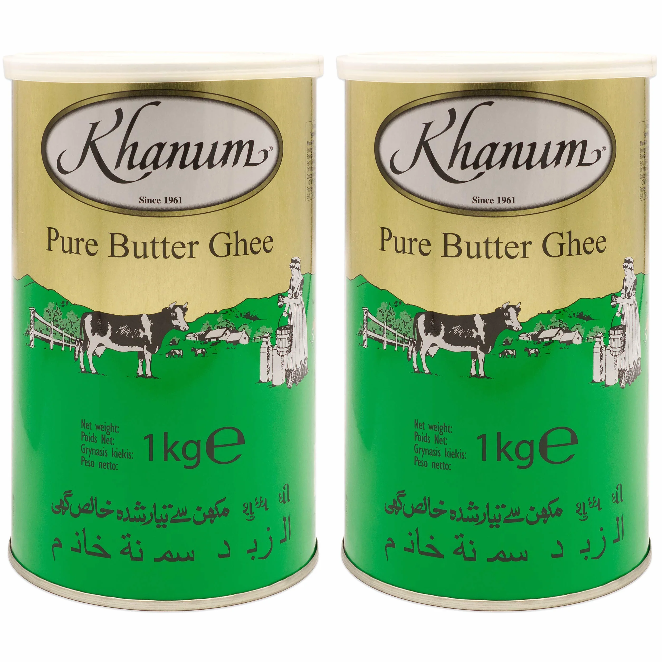 Khanum Pure Butter Ghee - najlepszy tłuszcz do smażenia i gotowania, w zestawie 2 szt. po 1 kg puszka