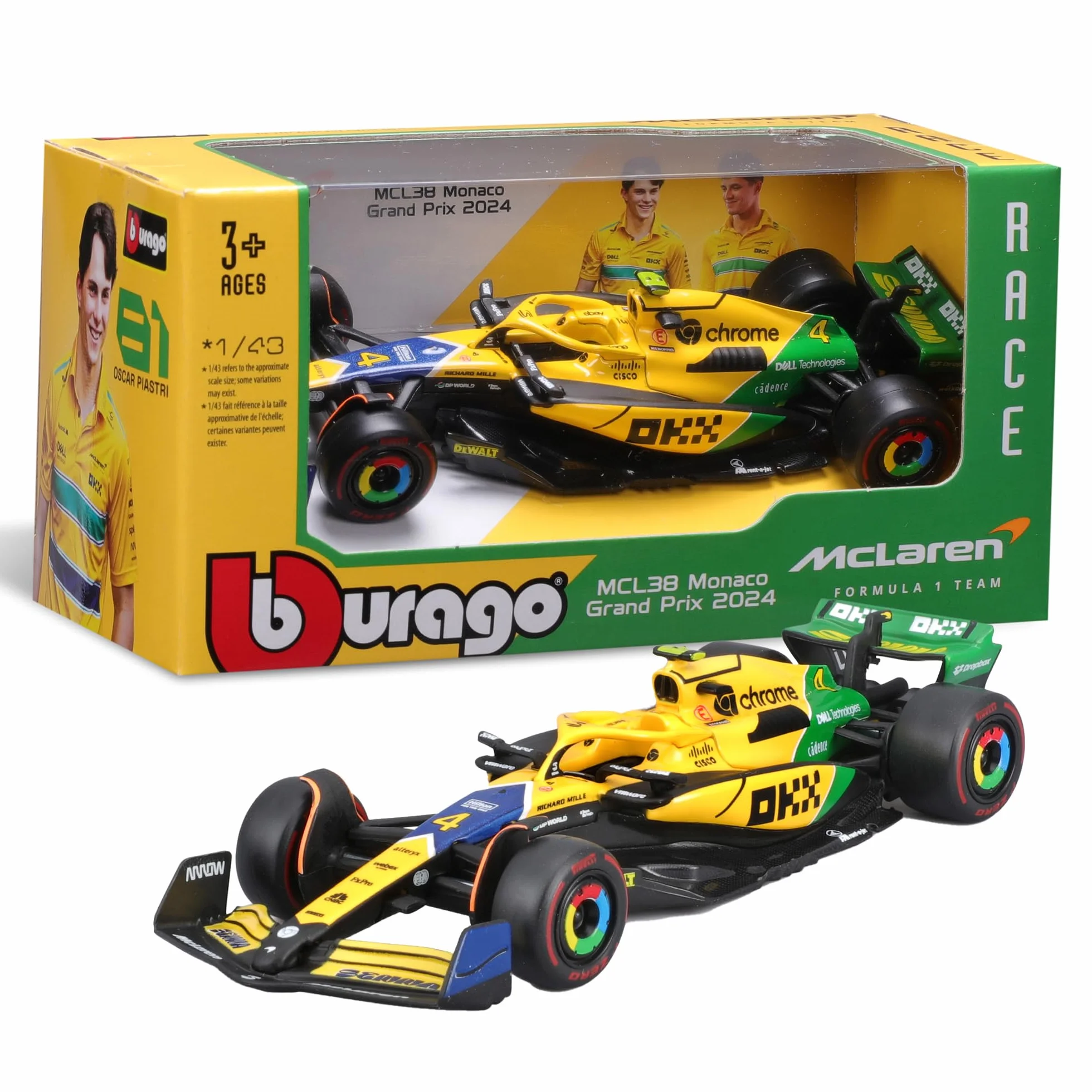 Bburago - McLaren MCL38 Monaco GP 2024 Senna Livery Skala 1:43, Diecast Replica Szczegółowy losowy asortyment Norris lub Piastri, Ayrton Senna Tribute Edition