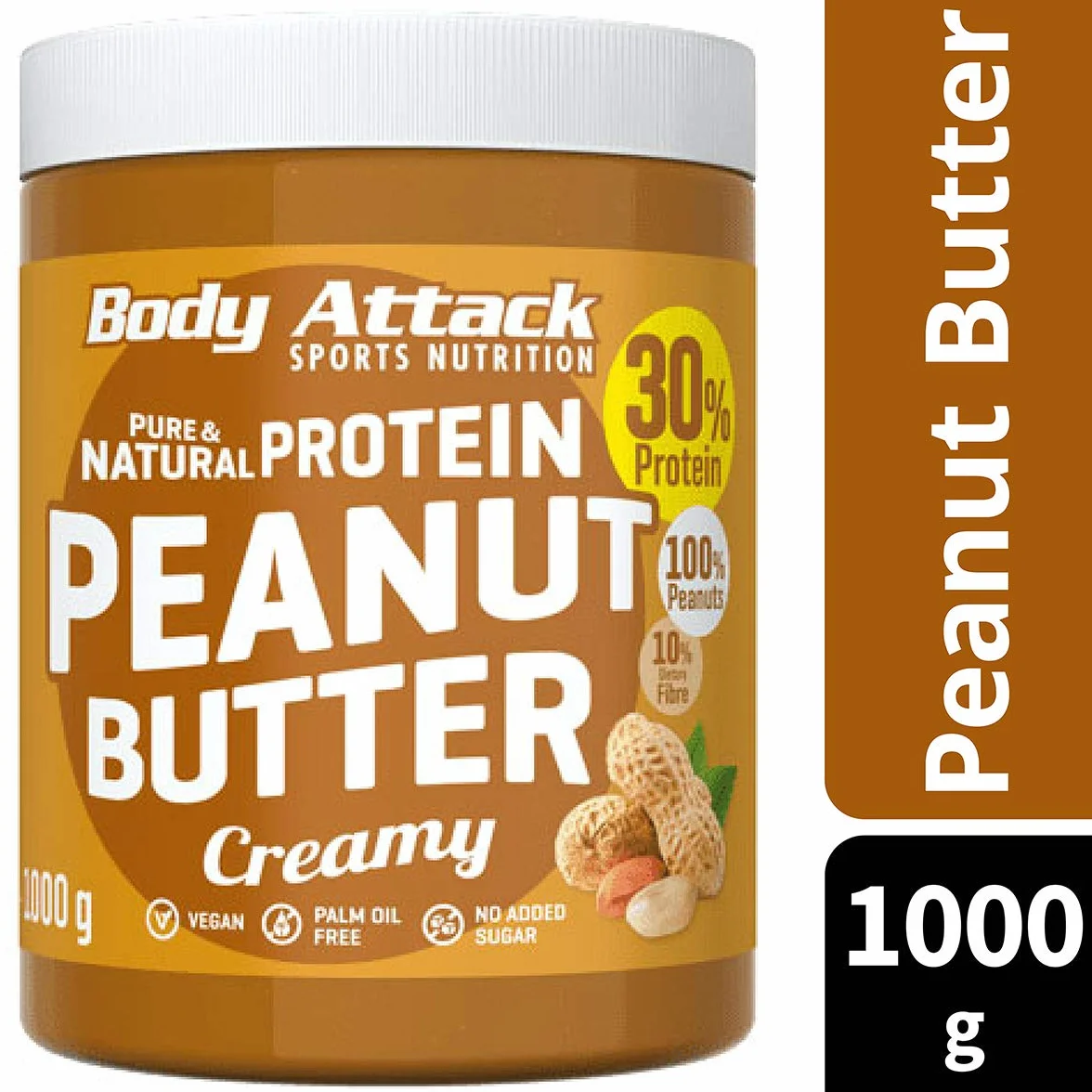 Body Attack Protein Peanut Masło, 1 kg, Creamy, wegańskie, naturalne masło orzechowe bez soli i tłuszczu palmowego - niskocukrowy mus orzechowy z 30% białkiem