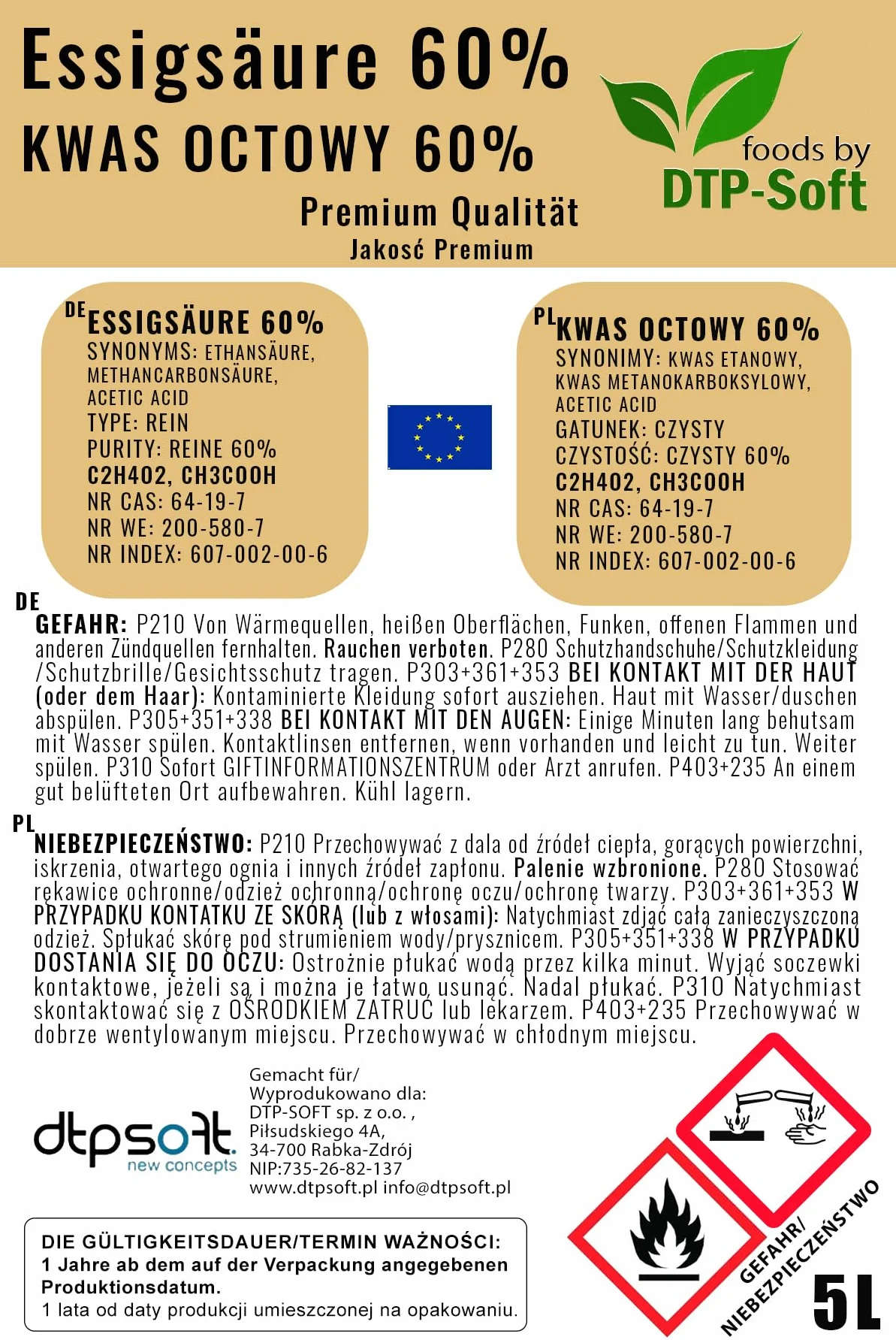 3 x 5 l kwas octowy 60% jakości premium esencja octowa (15 l)