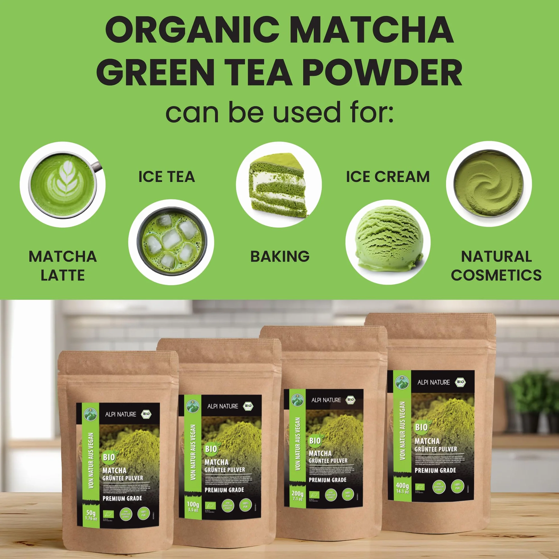 Alpi Nature Ekologiczna Matcha w Proszku 200g, Zielona Herbata Matcha Klasy Premium