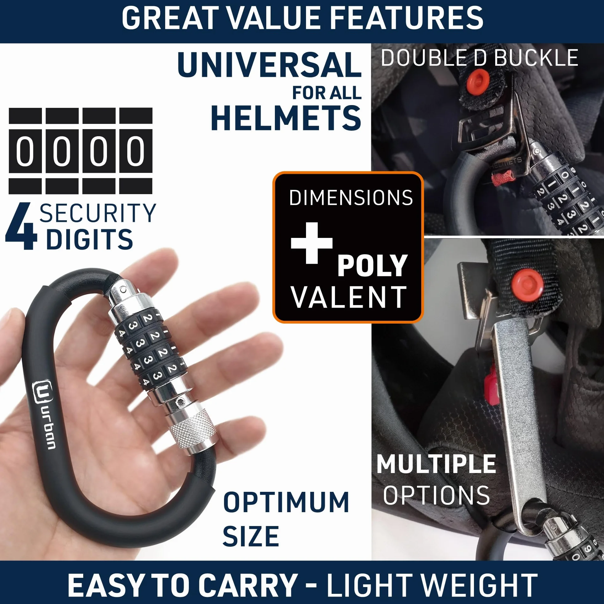 URBAN UR140 Kłódka do Kasku Motocyklowego z Kodem Zabezpieczającym, Stalowa Linka + Adapter