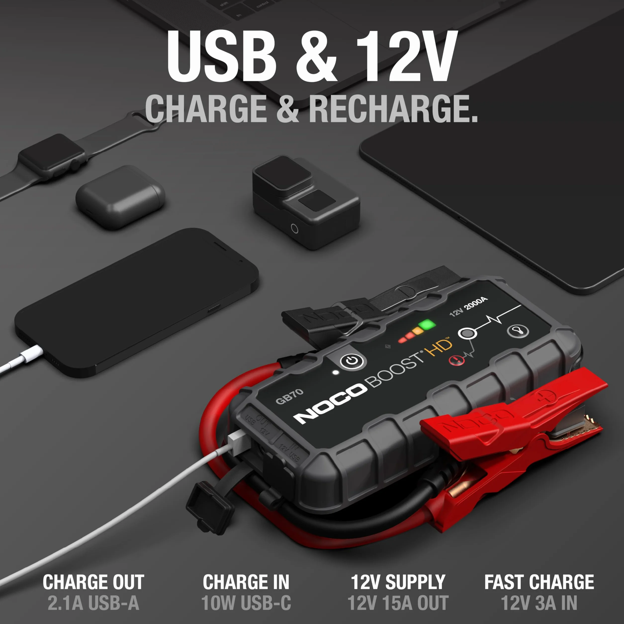 NOCO Boost HD GB70 2000A 12V UltraSafe litowy urządzenie rozruchowe, booster do akumulatora I kable rozruchowe do 8,0-litrowych silników benzynowych i 6,0-litrowych silników wysokoprężnych