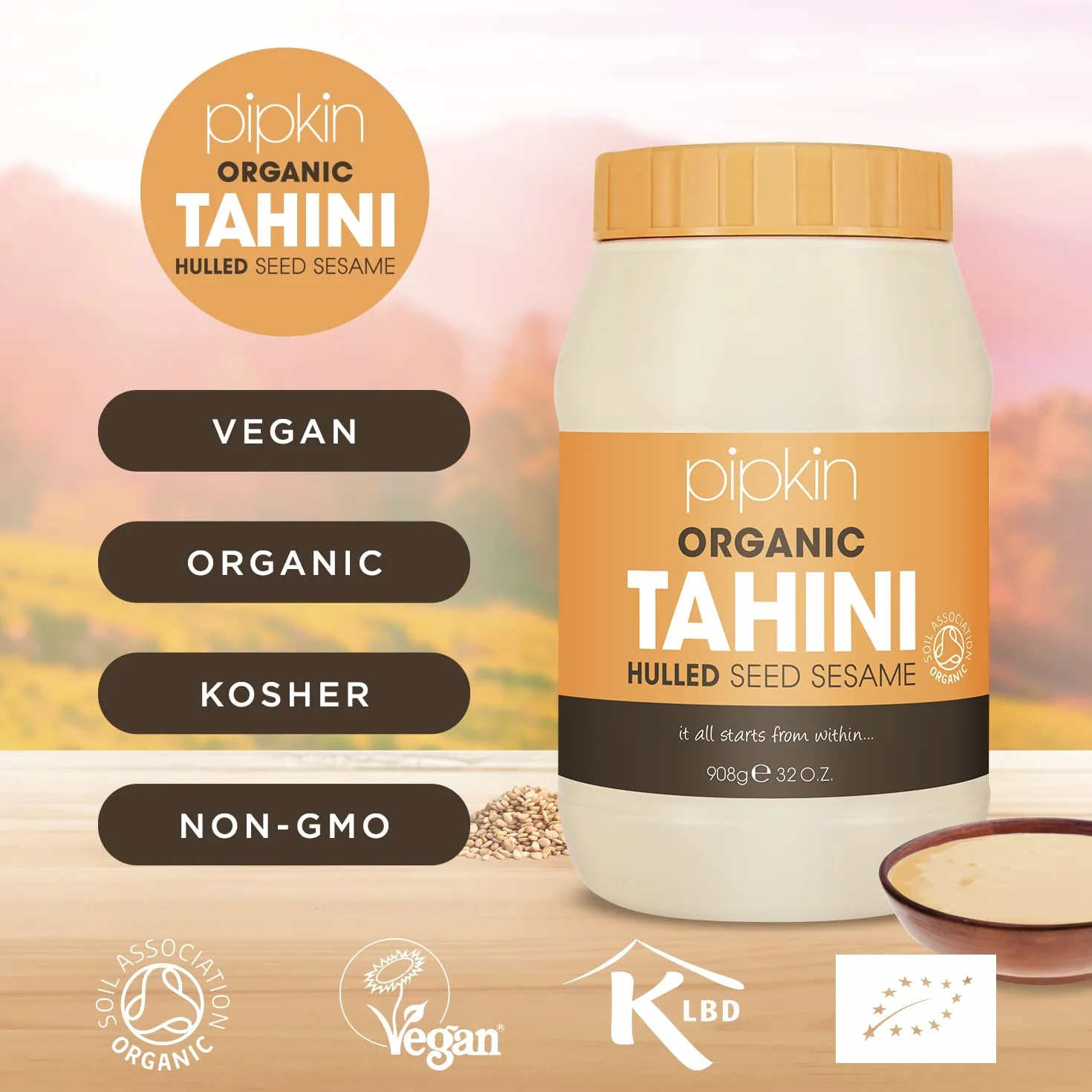 Pipkin 100% Bio-Tahinipaste 908g - Geröstete und gepresste äthiopische Sesamsamen - alles natürlich, koscher, vegan, nicht genmanipuliert