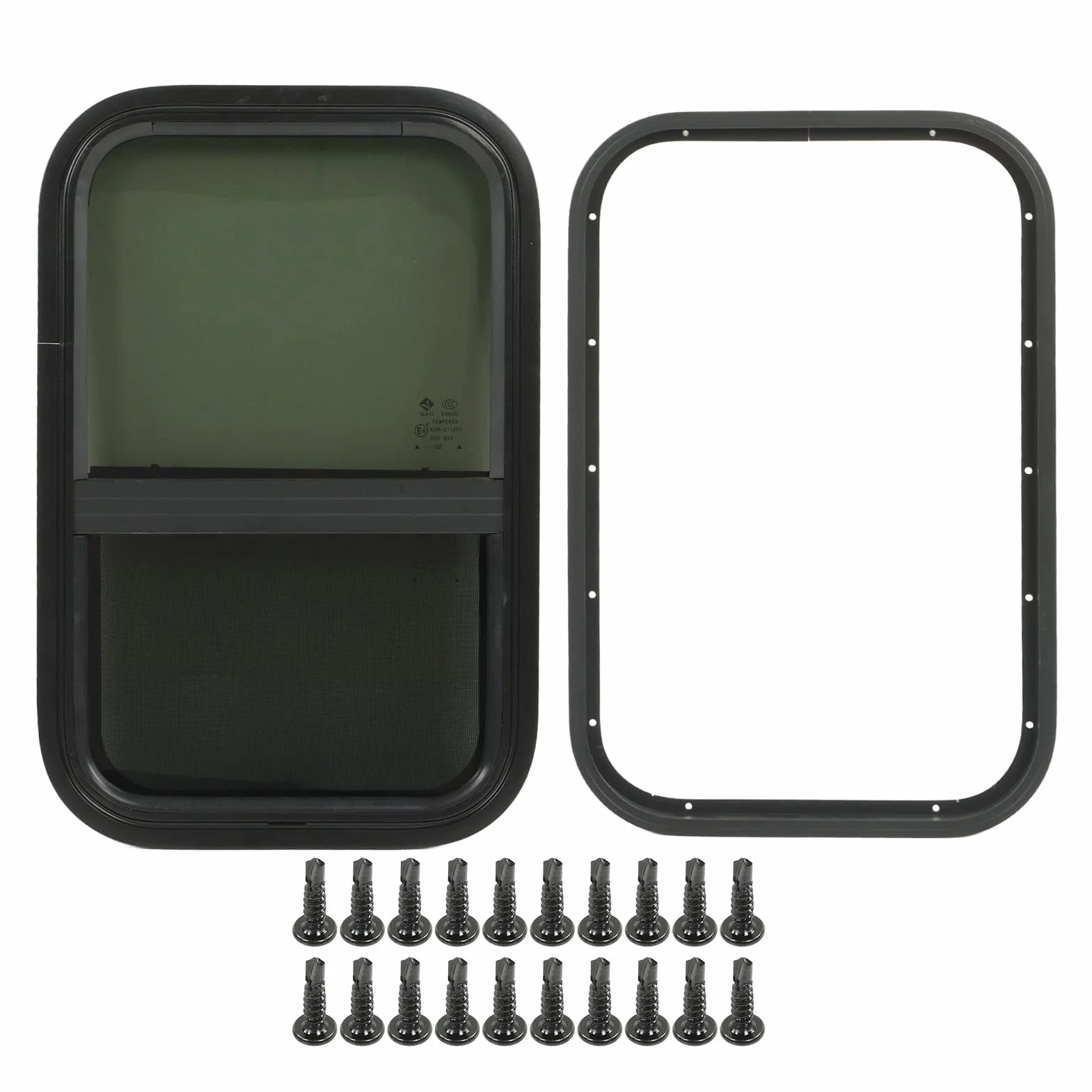 RV Window Replacement, 590x390mm Pionowe Poziome Przesuwne Przyciemniane Szkło Hartowane Okno do Przyczepy Okno do Kampera Zaokrąglone Okna Przesuwne do Pojazdów Inżynieryjnych