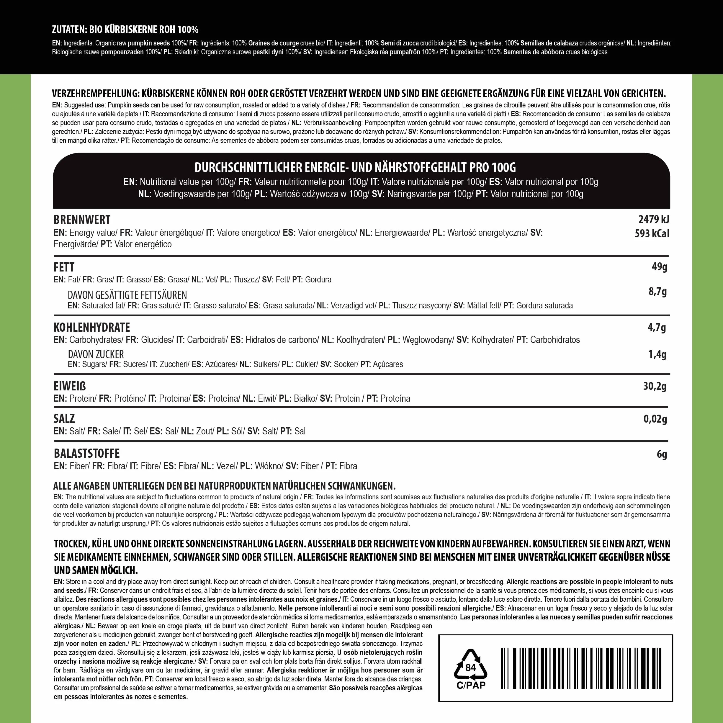 Alpi Nature Ekologiczne Pestki Dyni 500g, Surowe Łuskane Pestki Dyni do Jedzenia, Bezglutenowe