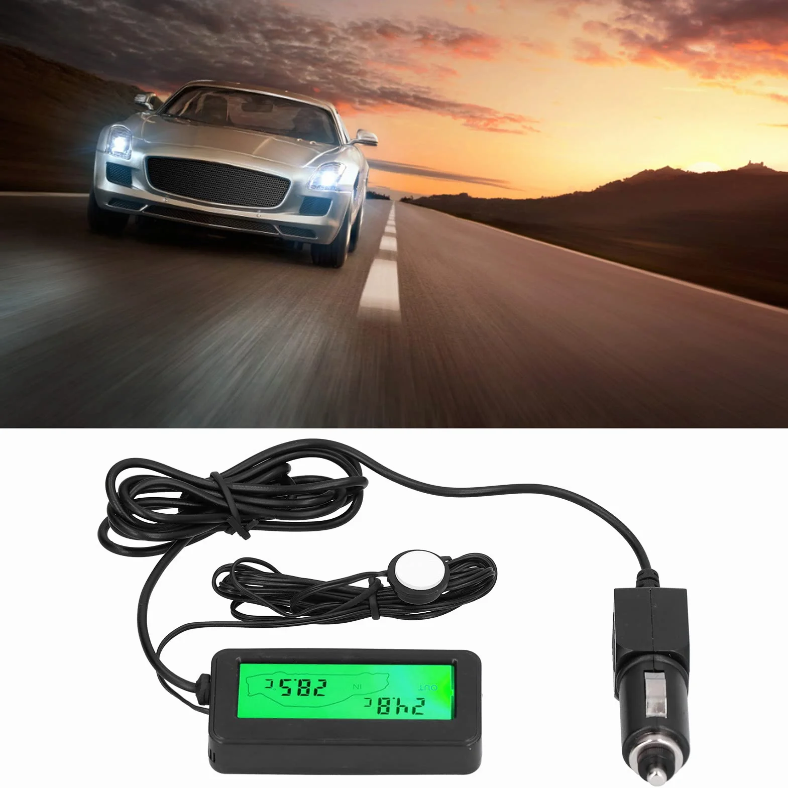 Termometr Samochodowy, Uniwersalny Mini Cyfrowy Miernik Temperatury DC 12 V Z Podświetlanym Wyświetlaczem LCD Do Samochodów(Zielony)
