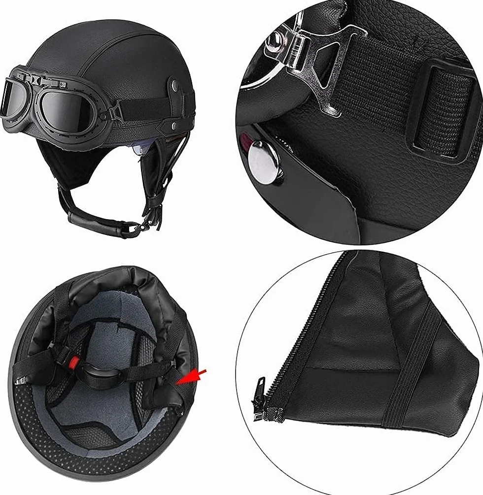 Retro kask motocyklowy Unisex kaski motocyklowe ze skóry PU z goglami vintage SeasonsOutdoor Riding Skuter Motorower Kask DOT Approved