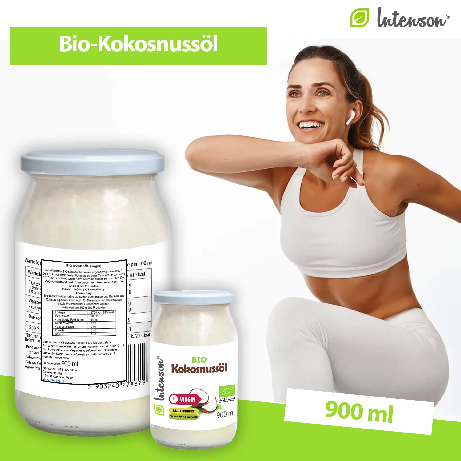 Intenson Organiczny Olej Kokosowy z pierwszego tłoczenia 900 ml Tłoczony na zimno Nierafinowany Wegański