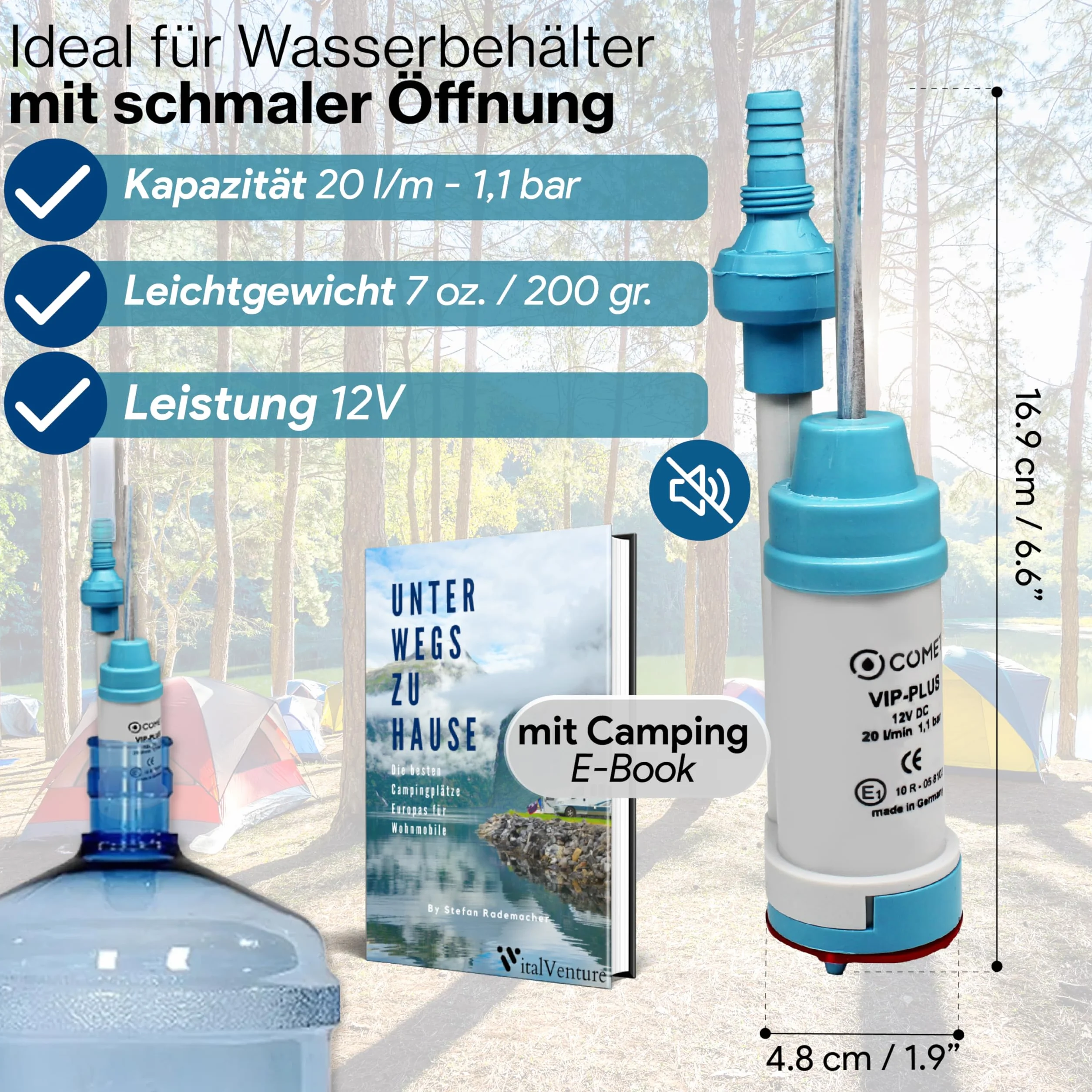 Comet VipPlus pompa wodna z zaworem zwrotnym (stały) + filtr z zestawem e-book kempingowy – do przyczep kempingowych – pompa głębinowa 12 V