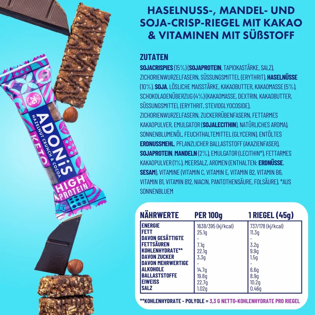 Adonis Proteinowy Keto Batonik Orzechami Laskowymi Czekolasowy Baton Keto Bar Naturalne Low Carb Wysoka białka Niskowęglowdanowy Wegański Niski Cukier Niskokaloryczne Utrata Wagi 16 Sztuk