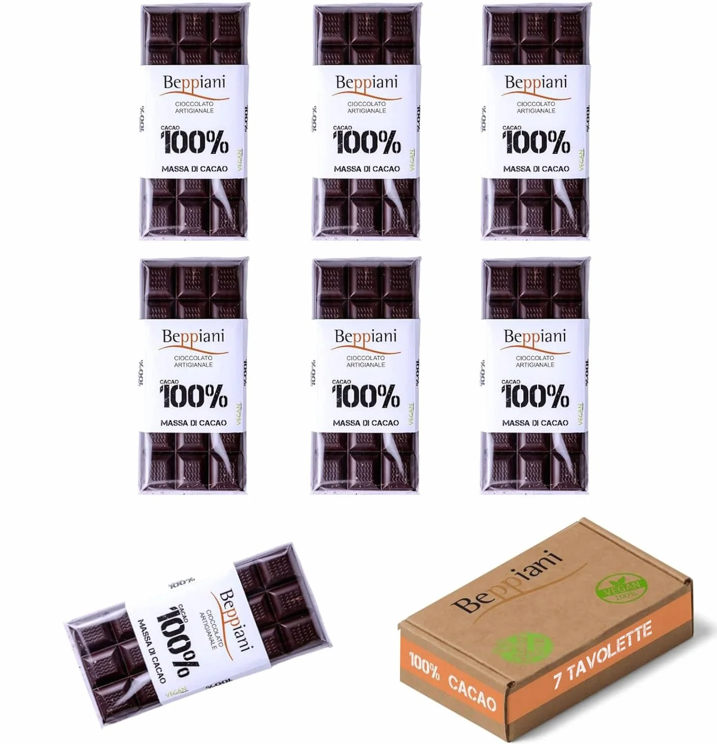 Beppiani 100% masa kakaowa, ręcznie robiona czekolada, wegańska, bez cukru, bogata w przeciwutleniacze, do zrównoważonej diety – Made in Italy zestaw (7 stołów klasycznych)