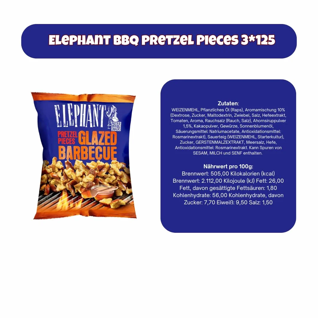 Elephant Glazed BBQ Pretzel Pieces – chrupiąca przyjemność z maratonu seryjnego – 3 x 125 g opakowanie zapasowe, w kartonie Needforsweet