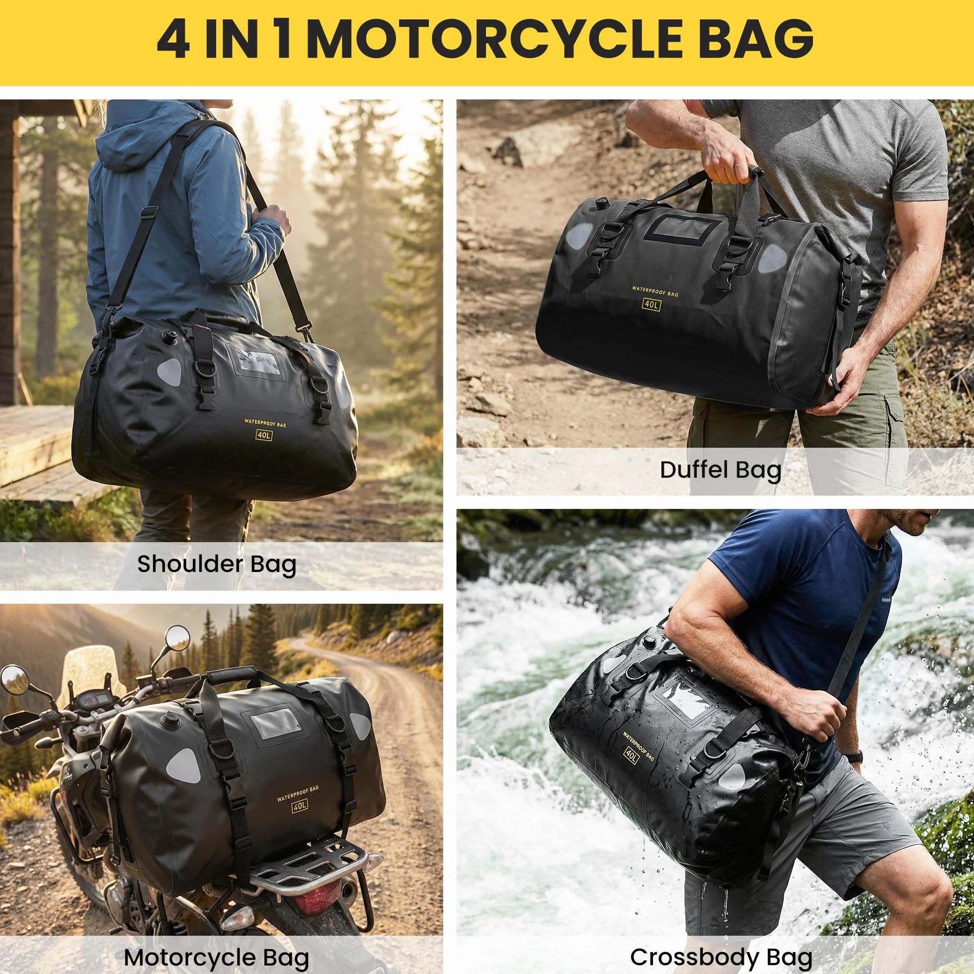 HOMIEE Torba motocyklowa na tylną torbę, 40 l, wodoszczelna, na bagażnik rowerowy, duża, z paskami szybkiego zamykania, na wycieczkę, kemping, motocykl, jazdę na rowerze, sportów wodnych (czarna)