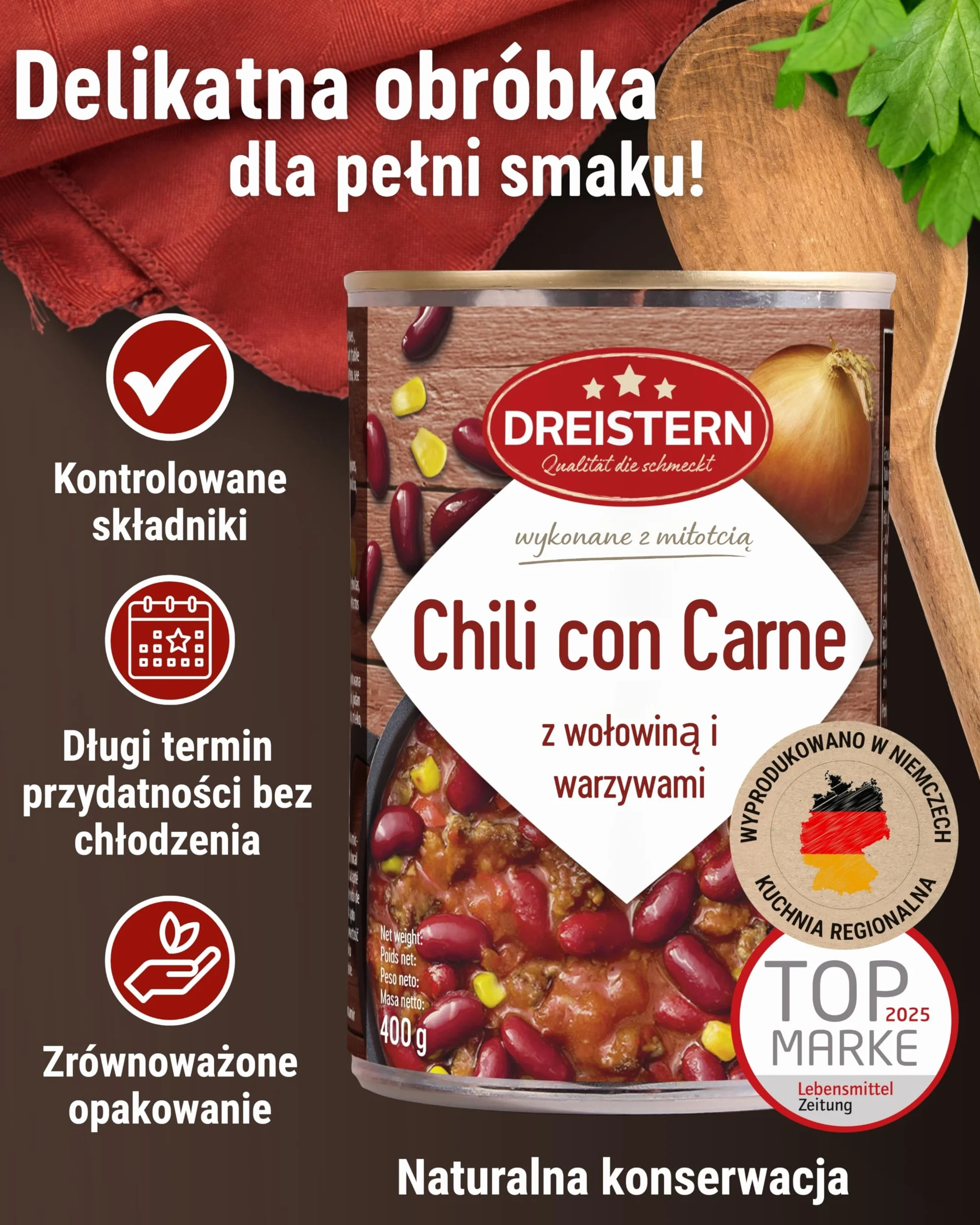 DREISTERN Chili con Carne z Wołowiną i Warzywami, Gotowy Posiłek, Chili w Blaszanym Pudełku, Jakość, Która Dobrze Smakuje
