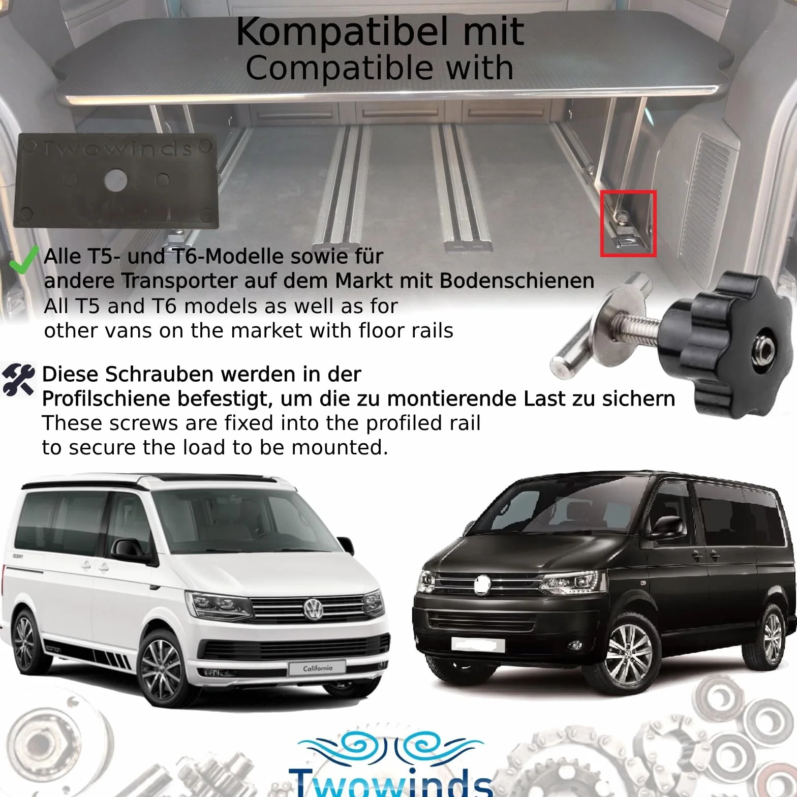 Twowinds - Zestaw szyna śrubowa z zabezpieczeniem ładunku + wsparcie prowadnicy Multiflexboard T5 T6 Transporter California (cztery zestawy)