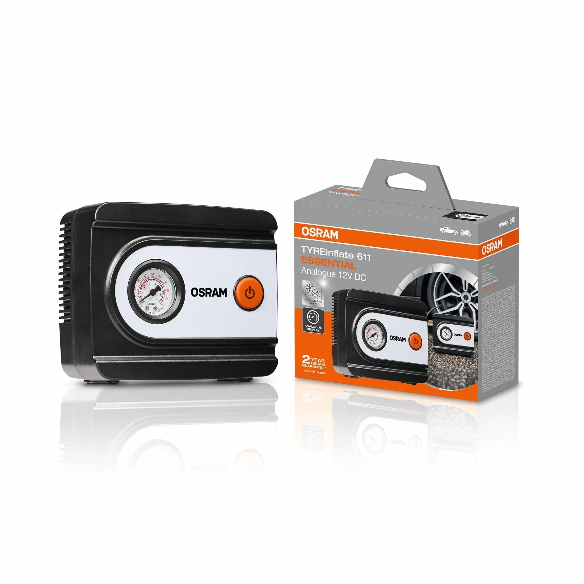 OSRAM TYREinflate 611 ESSENTIAL analogowy kompresor do opon, wąż 60 cm, adapter
