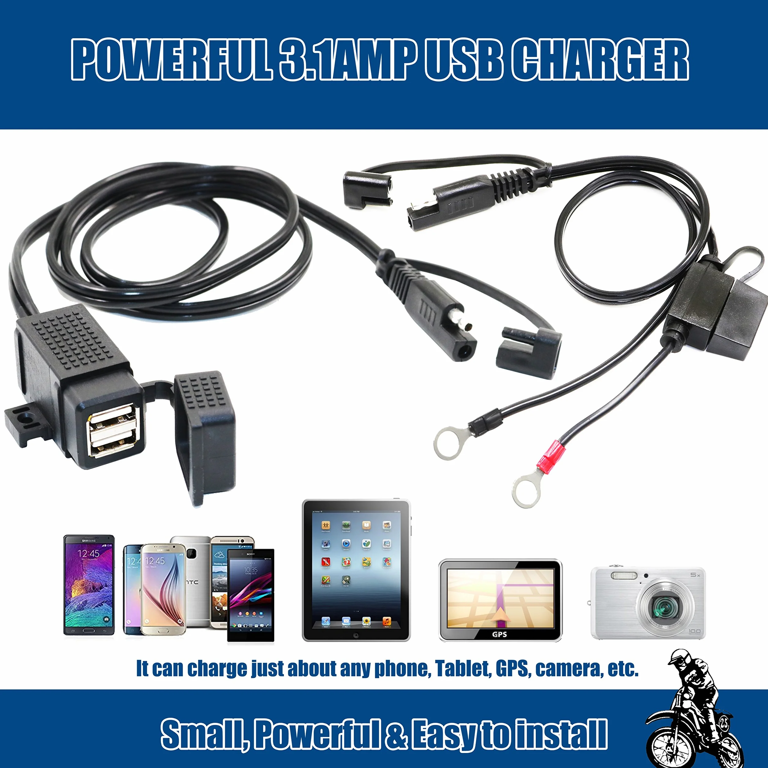 MOTOPOWER MP0609EA 3,1 A wodoodporny motocykl podwójna ładowarka USB zestaw z bezpiecznikiem SAE pierścień zaciskowy wiązka przewodów