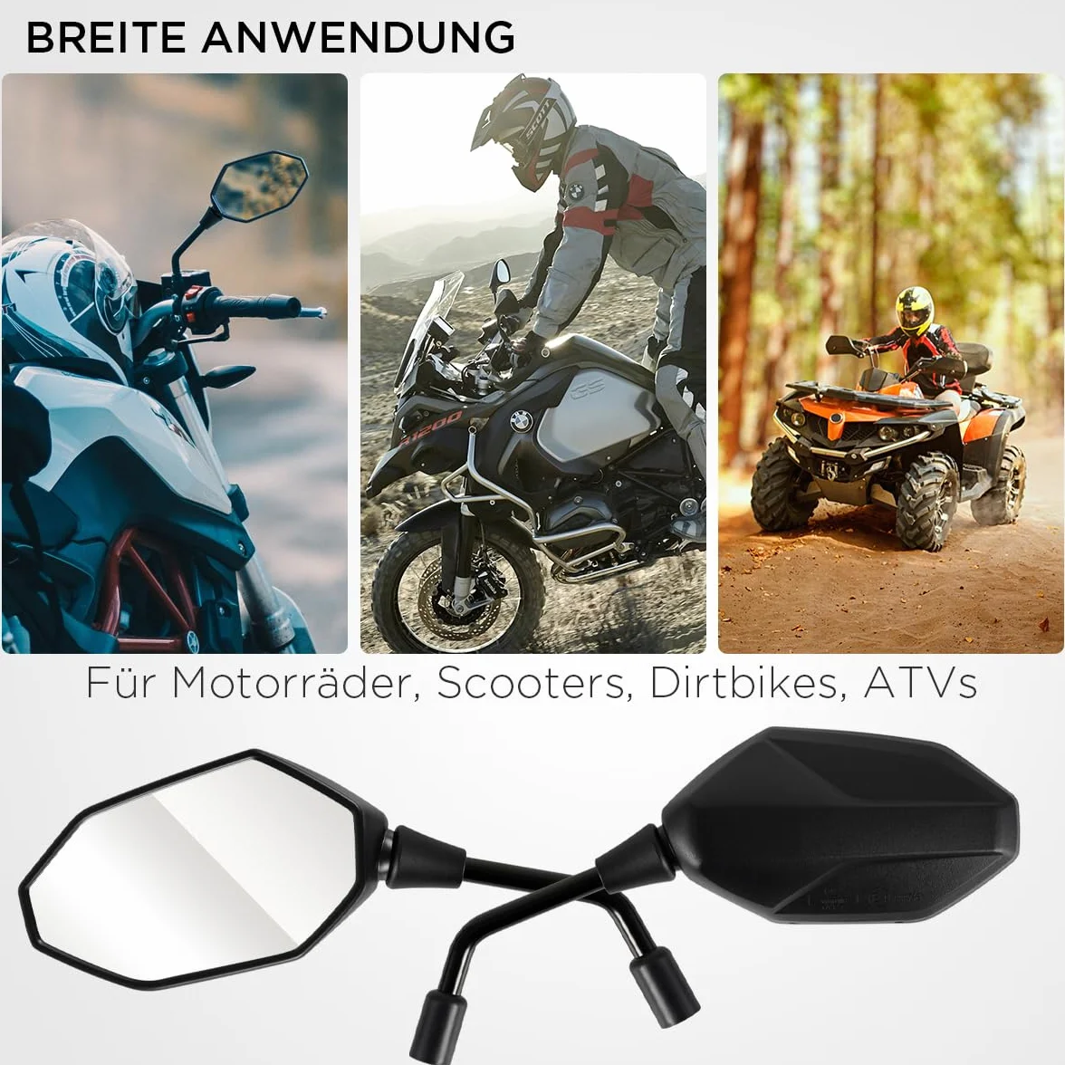 Evermotor Lusterka motocyklowe, z certyfikatem E, lusterka do motocykli, 360° lusterka do skuterów mobilnych, ze śrubami gwintowanymi M8 M10, lusterko do motocykla, skutera, ATV, motoroweru, 2 szt