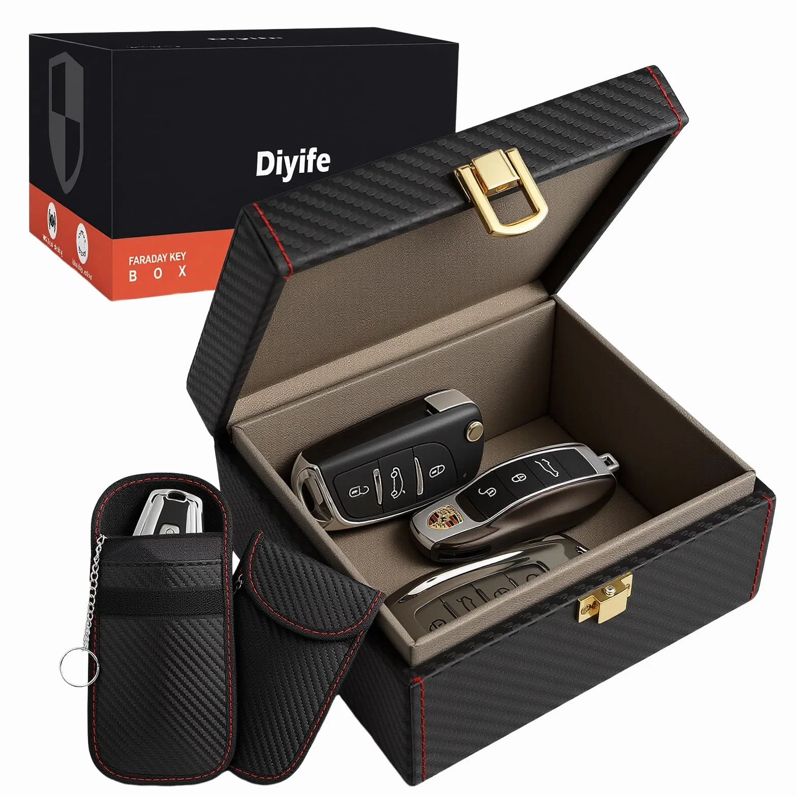 Diyife Keyless Go Faraday pudełko i sakiewka 2 czarne 5-7 kluczyków zabezpieczenie RFID 14,0 × 12,3 × 7,4 cm
