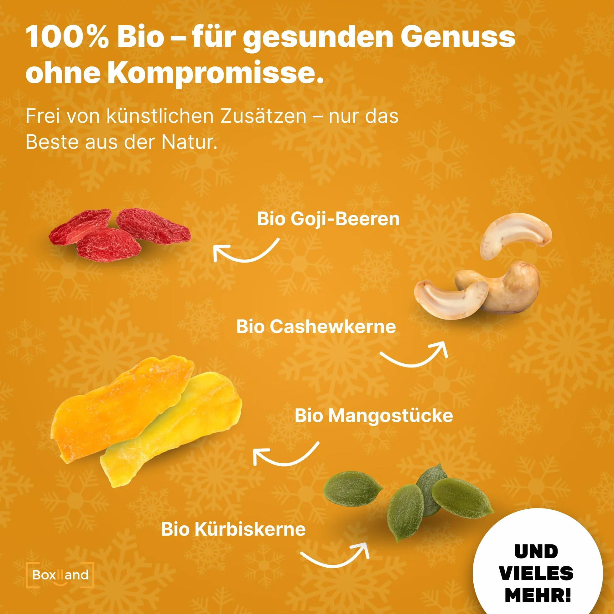 BOXILAND® Owoce, Orzechy, Nasiona – Kalendarz Adwentowy 2025 [24 Zdrowe Przekąski] – Vegan & Bio Przekąski, Zdrowe Owoce Suszone
