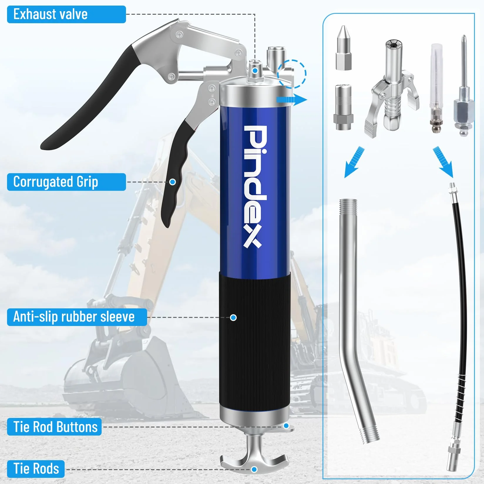 Pindex Smarownica do smarownicy z ustnikiem, dysza igłowa, pistolet do smarowania z szybkozłączką, ręczna prasa smarująca do nabojów smarowych o pojemności 400 cm³ ze smarownicą, 3 x rura metalowa 15