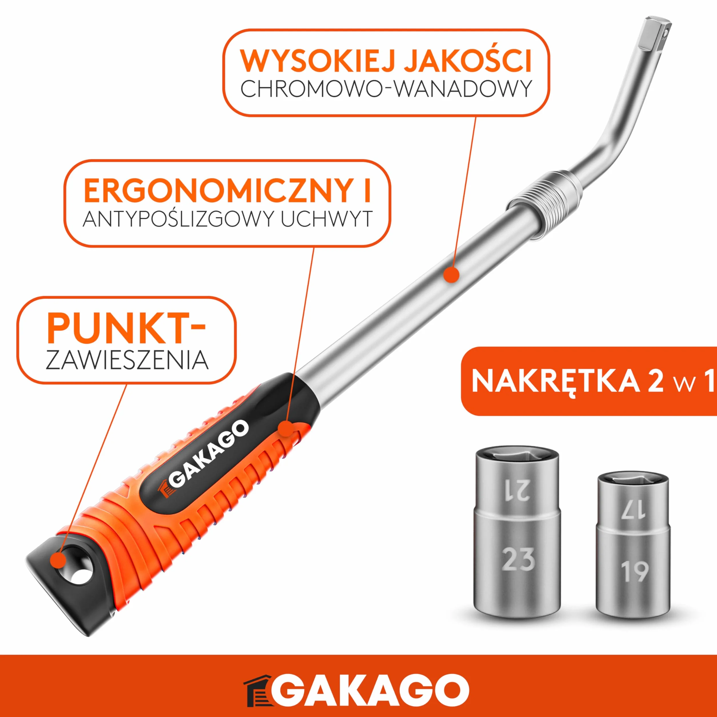 Gakago Teleskopowy zestaw kluczy do nakrętek kół z nasadkami 17/19 mm i 21/23 mm 1/2 cala - Bardzo długi, wysuwany klucz do kół - Praktyczna torba do przechowywania z rzepem i pętelką do zawieszania