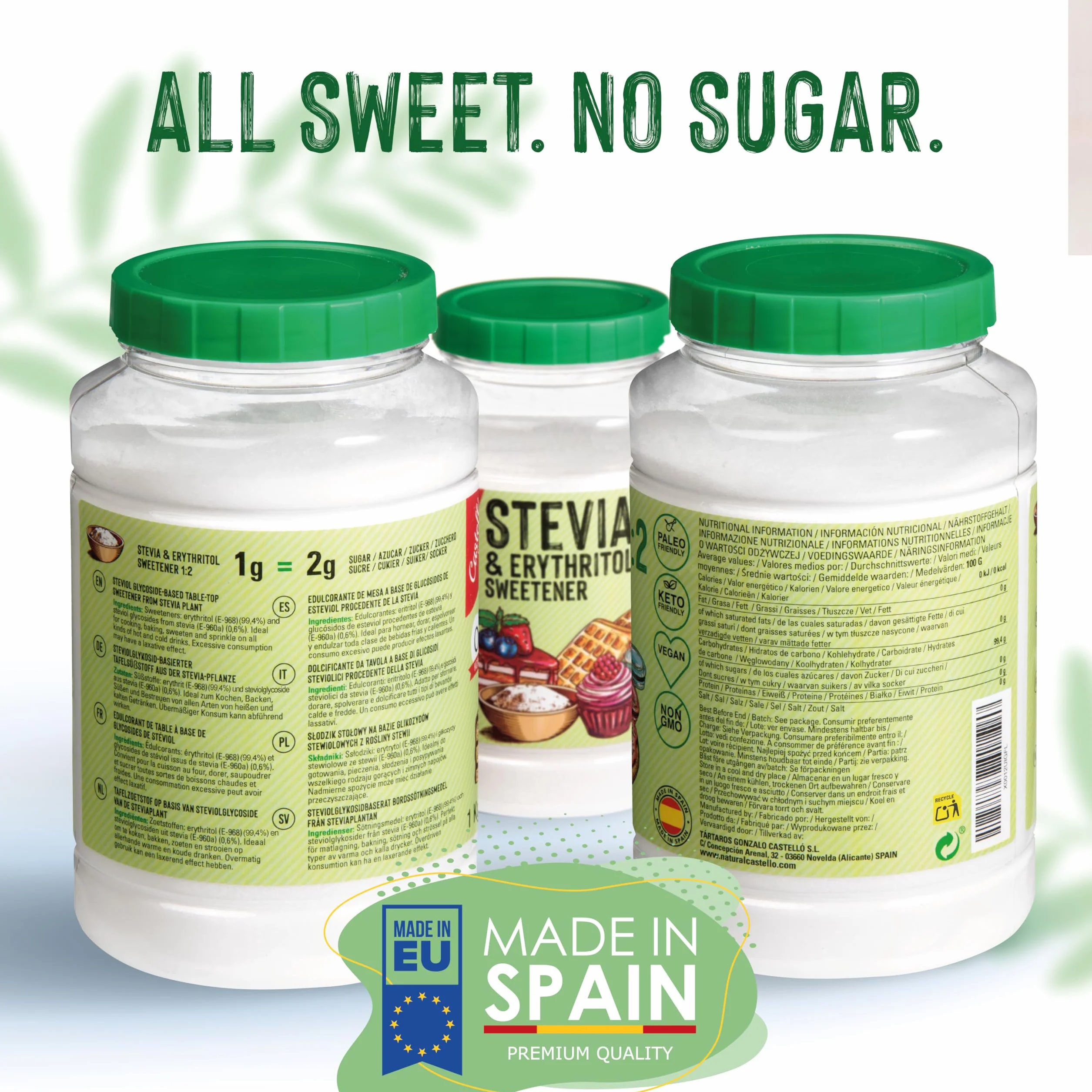 Słodzik Stevia + Erytrytol 1:2 | 1g = 2g cukru | Słodzik o 100% naturalnym smaku - 0 Kalorii - 0 Indeks Glikemiczny - Keto i Paleo - 0 Węglowodanów Netto - Bez GMO - Castello since 1907-1 kg