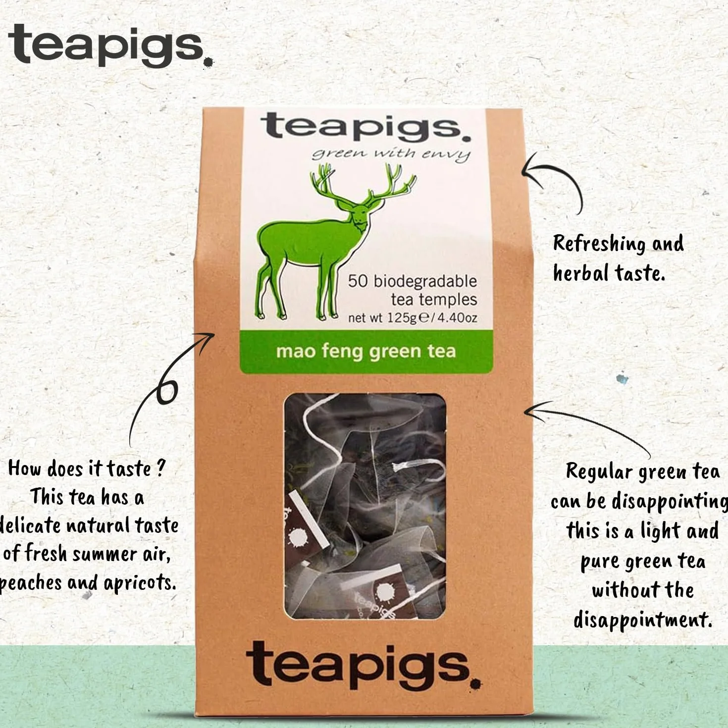 Teapigs Mao Feng Zielona Herbata w Torebkach 50 sztuk Całe Liście