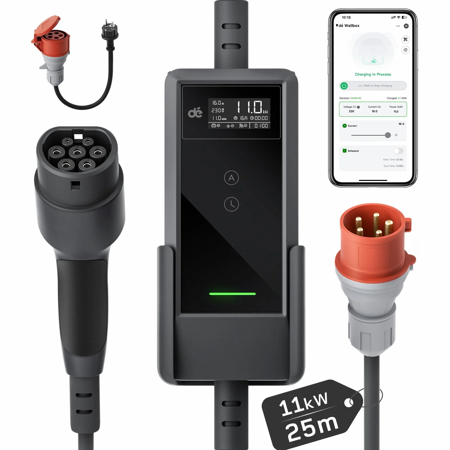 dé Mobilny Wallbox 11 kW z aplikacją [25 m | 3-fazowy | 6-16 A], kabel do ładowania do samochodu CEE-16A 400 V na typ 2 z regulowaną mocą ładowania, ładowarka EV do ID.3/4/5/7, IX1, model 3/Y i innych