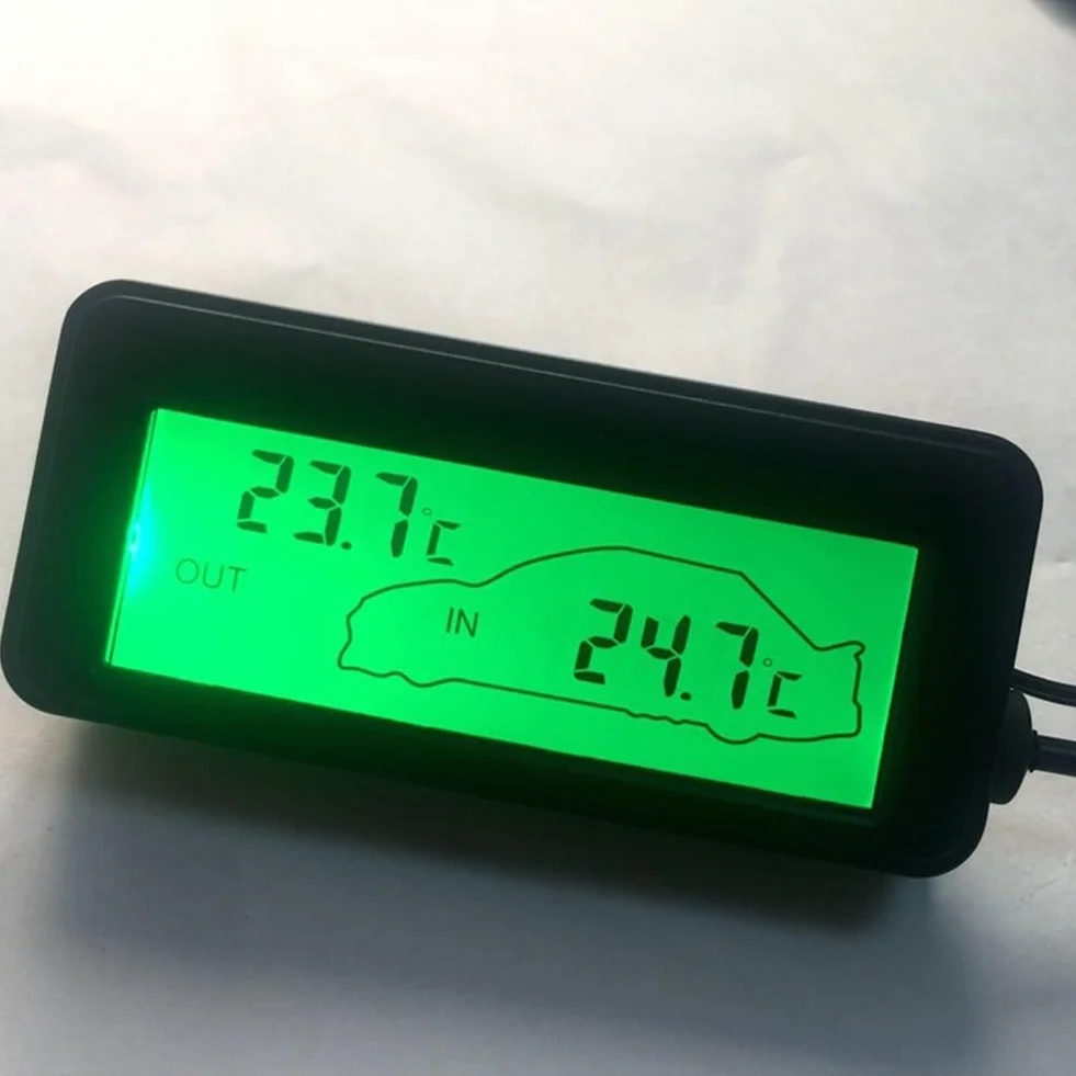 QOXEZY Termometr zewnętrzny 12 V do wnętrza samochodu, termometr samochodowy, cyfrowy wyświetlacz LCD (zielony)