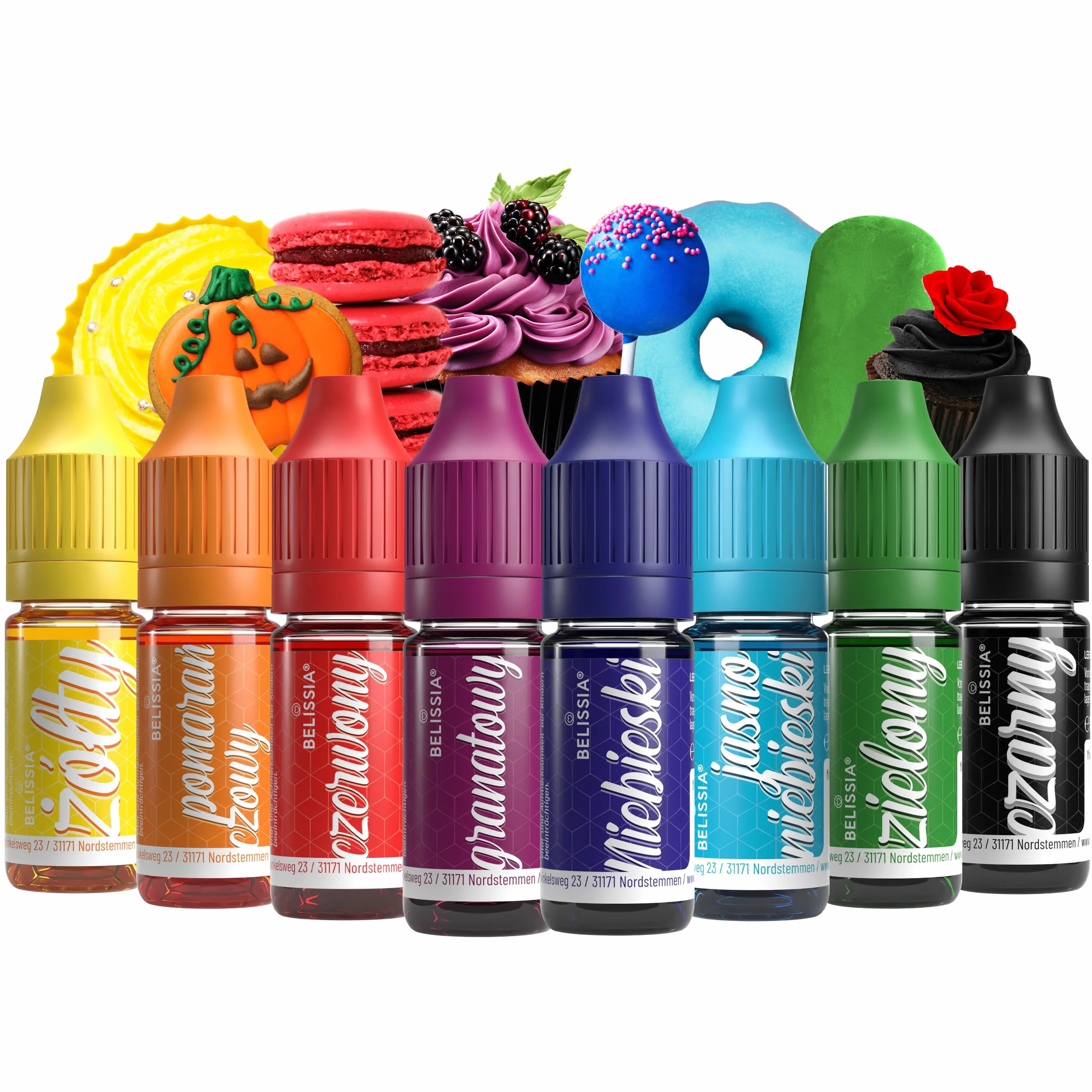 Zestaw barwników spożywczych 8x10ml Wysoce skoncentrowany barwnik, Wyprodukowano w Niemczech bez cukru, płynny, do barwienia napojów, ciast, ciastek, polew, slime i wielu innych.
