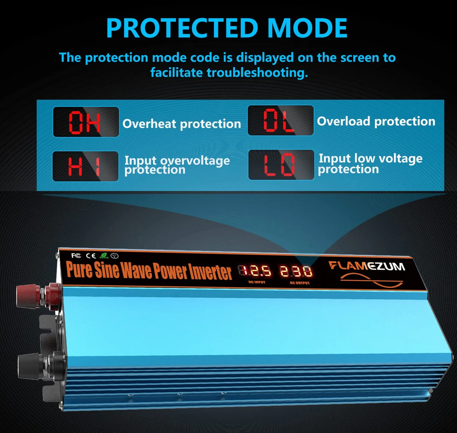 FLAMEZUM 1000W Przetwornica 12V na 230V Czysta Sinusoida - Przetwornica Napięcia Samochodowego Przetwornica Przetwornica z 1 Gniazdem EU i 2 Portami USB 3,4A 5V