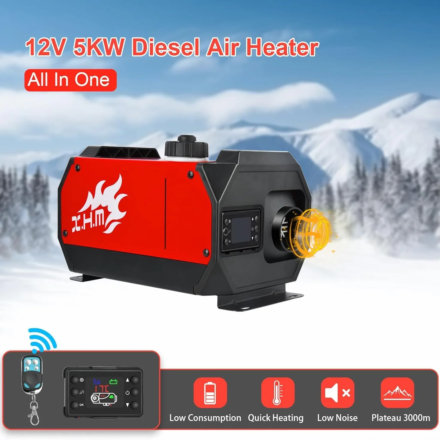 SHAVINGFUN Ogrzewanie powietrzem na olej napędowy 12 V 5KW, aluminium, LCD, pilot zdalnego sterowania, cichy, do samochodów kempingowych i szop na łodziach (02)