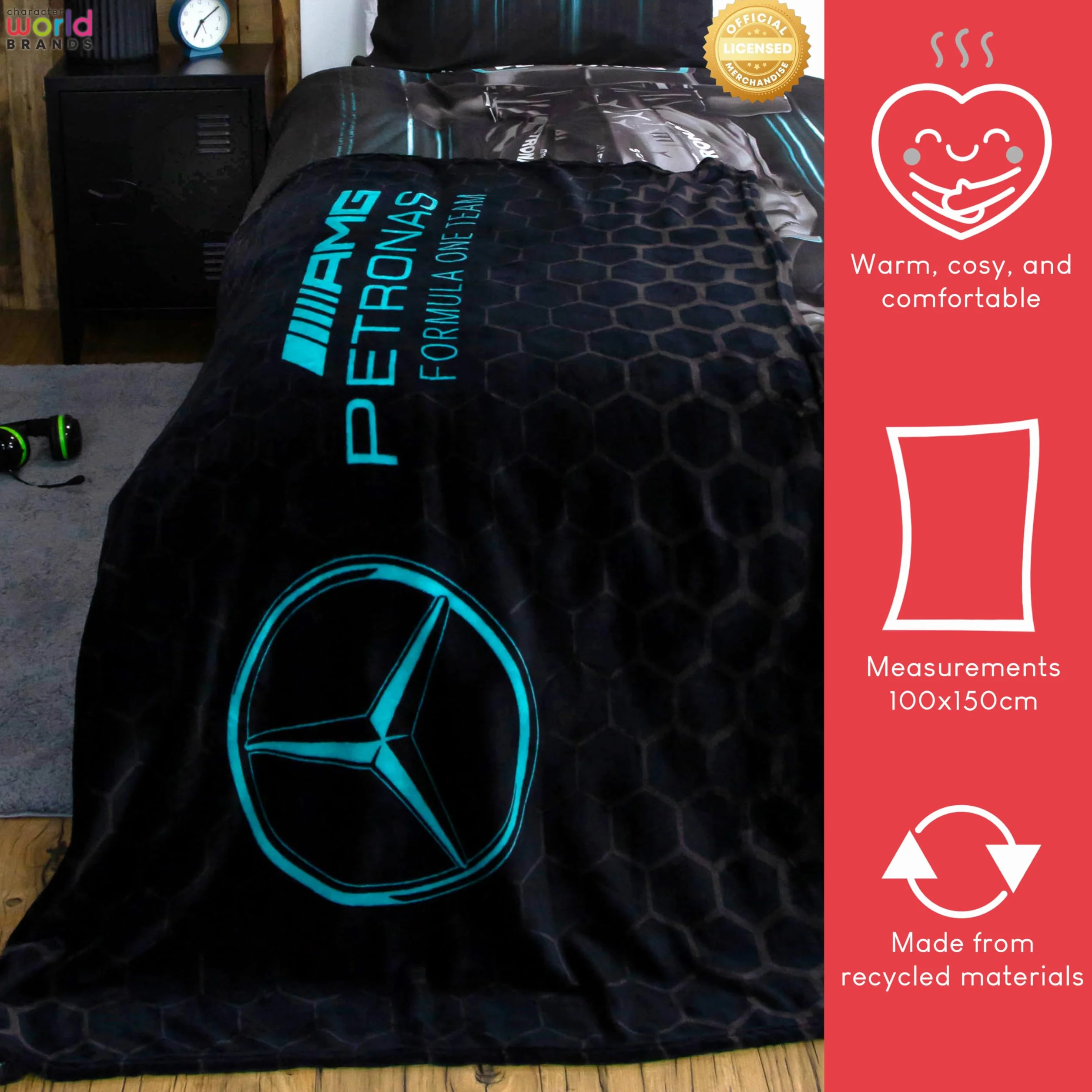 Character World Mercedes AMG Petronas oficjalny koc polarowy, super miękki, ciepły, czarny, wzór Stealth Formuły 1, idealny do sypialni, na kemping i nocowanie, 100 x 150 cm