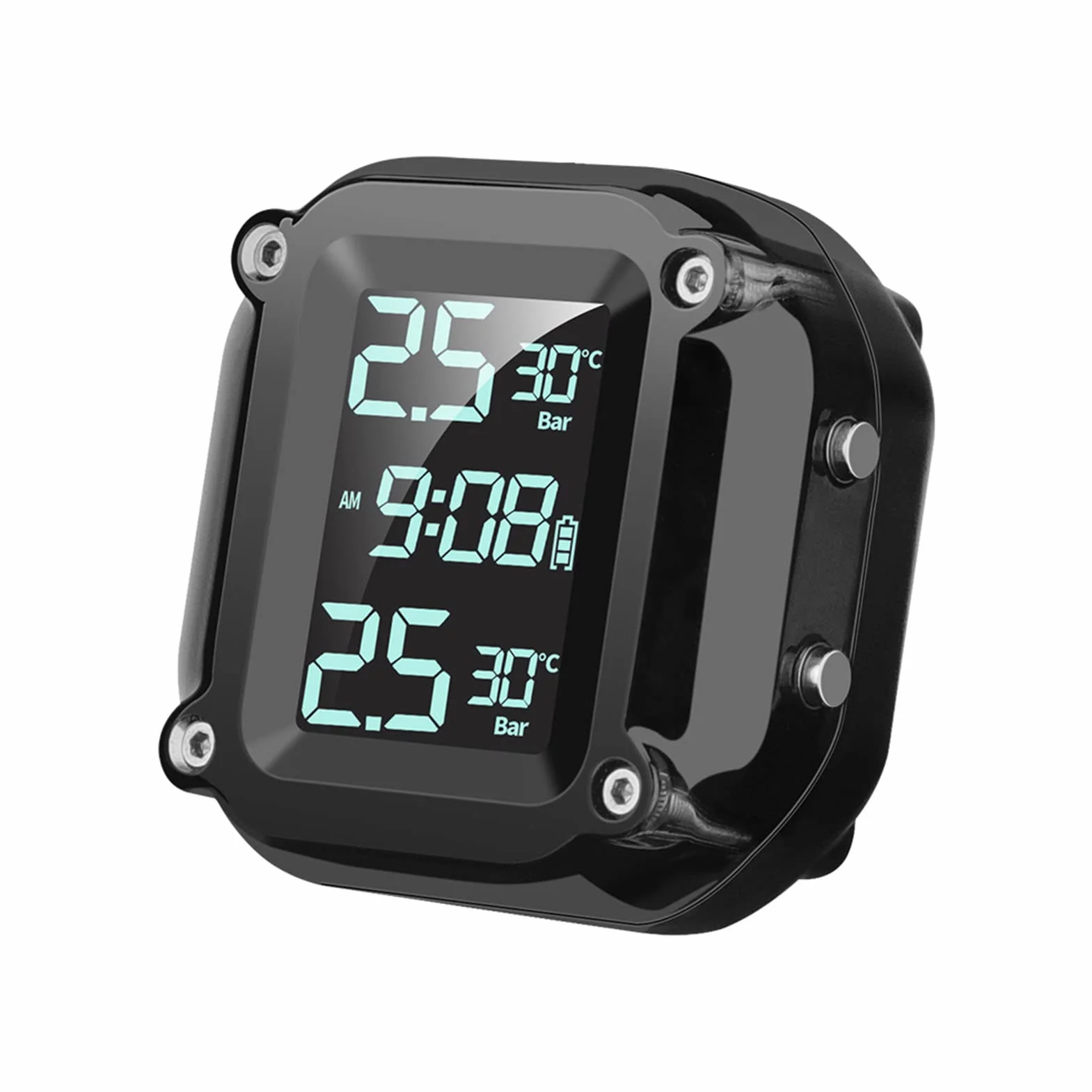 Shkalacar Manometr pneumatyczny TPMS do motocykli, bezprzewodowy miernik ciśnienia ładowania USB z 2 czujnikami zewnętrznymi cyfrowy wyświetlacz LCD do motocykla dwukołowego