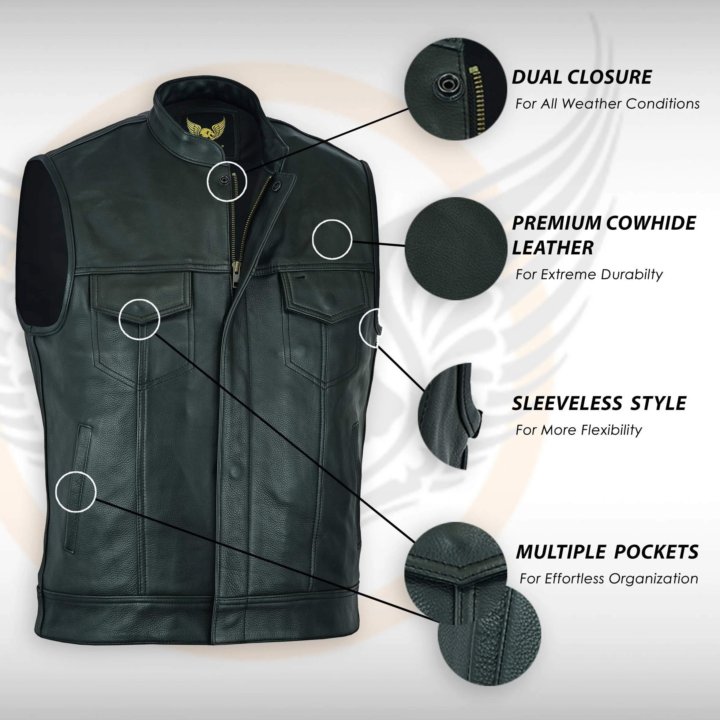 Leatherick Męska kamizelka motocyklowa Anarchy Premium ze skóry bydlęcej, czarna, M - EUR48
