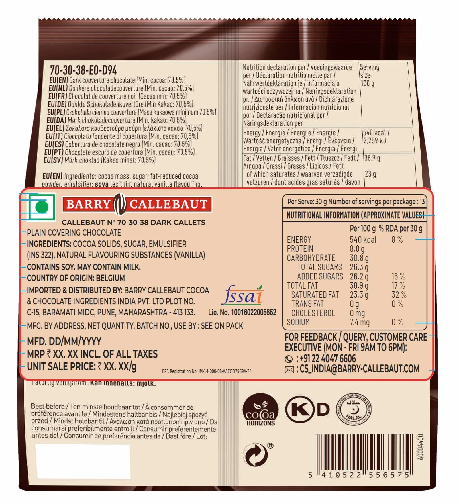 CALLEBAUT receptura nr 70-30-38 – kuwertura, delikatna gorzka czekolada, 70,5% kakao, 400 g, 1 opakowanie