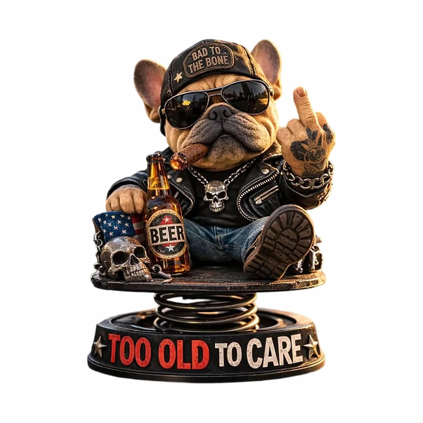 Too Old to Care Dashboard Bobblehead, dekoracja deski rozdzielczej buldog środkowy palec