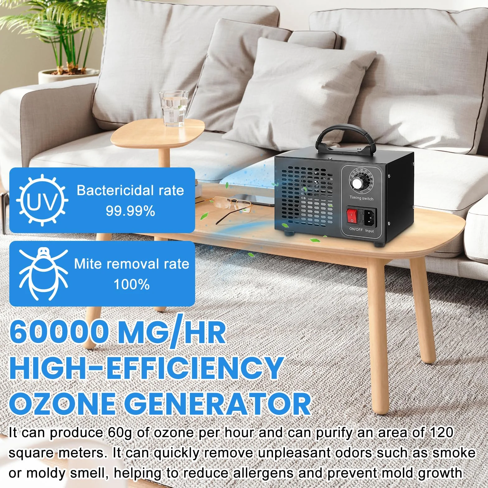 Generator ozonu, generator ozonu, 60 000 mg/h, samochodowy oczyszczacz ozonu z 60-minutowym timerem, ozonem, ozonator O3, przemysłowy, do samochodu, dymu, zapachu zwierząt domowych, kuchni