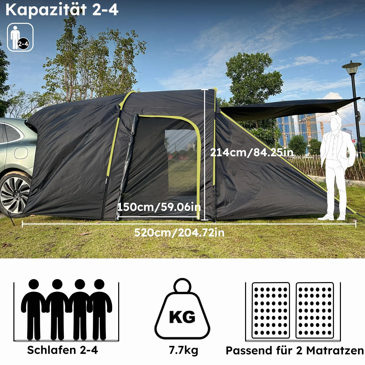 Namiot tylny do samochodu dla 6 osób, duży namiot tylny SUV z wodoodporną osłoną, 300 x 300 x 220 cm, namiot na tylną klapę samochodu kombi z wodoodpornym dachem 3000 mm słupa wody.