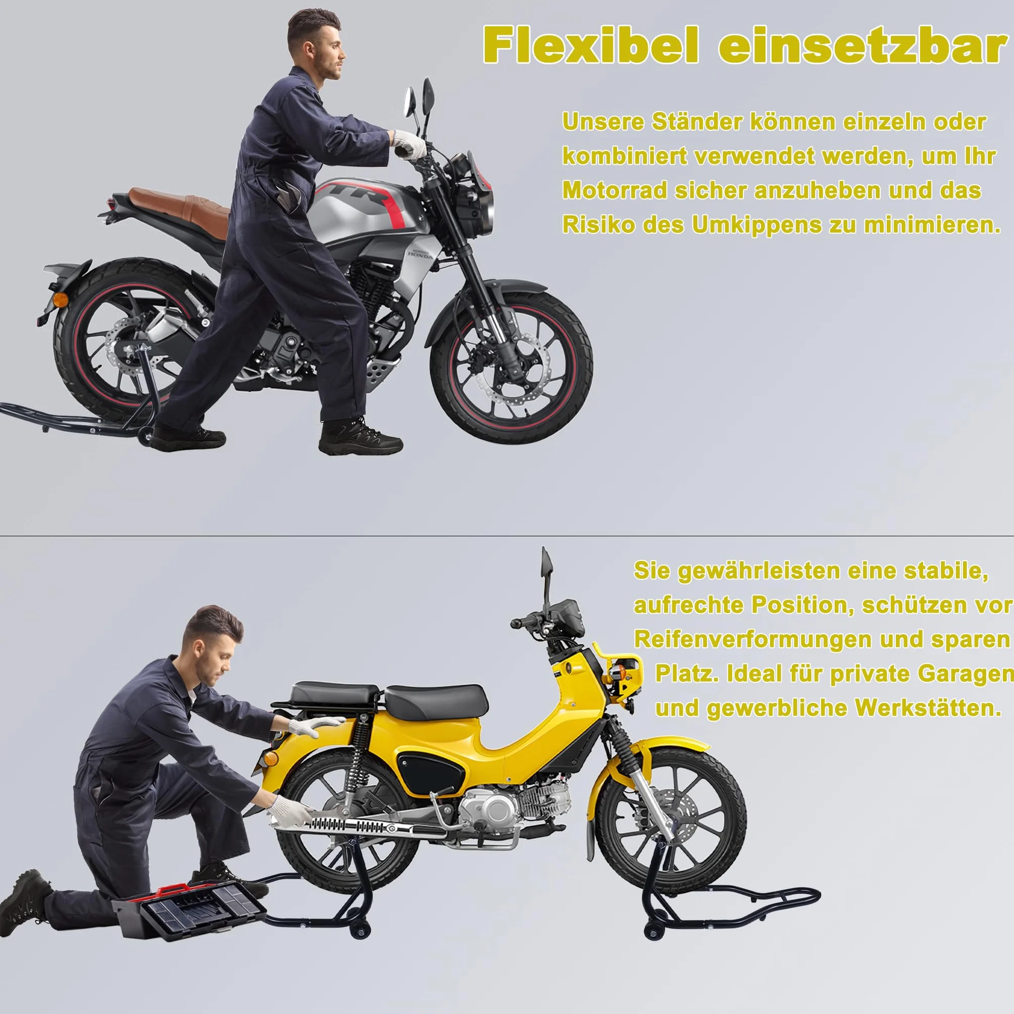 XMTECH 2 sztuki stojaków na motocykl z tyłu i z przodu, stojak do montażu motocykla, stojak na motocykl, zestaw z kółkami, czarny
