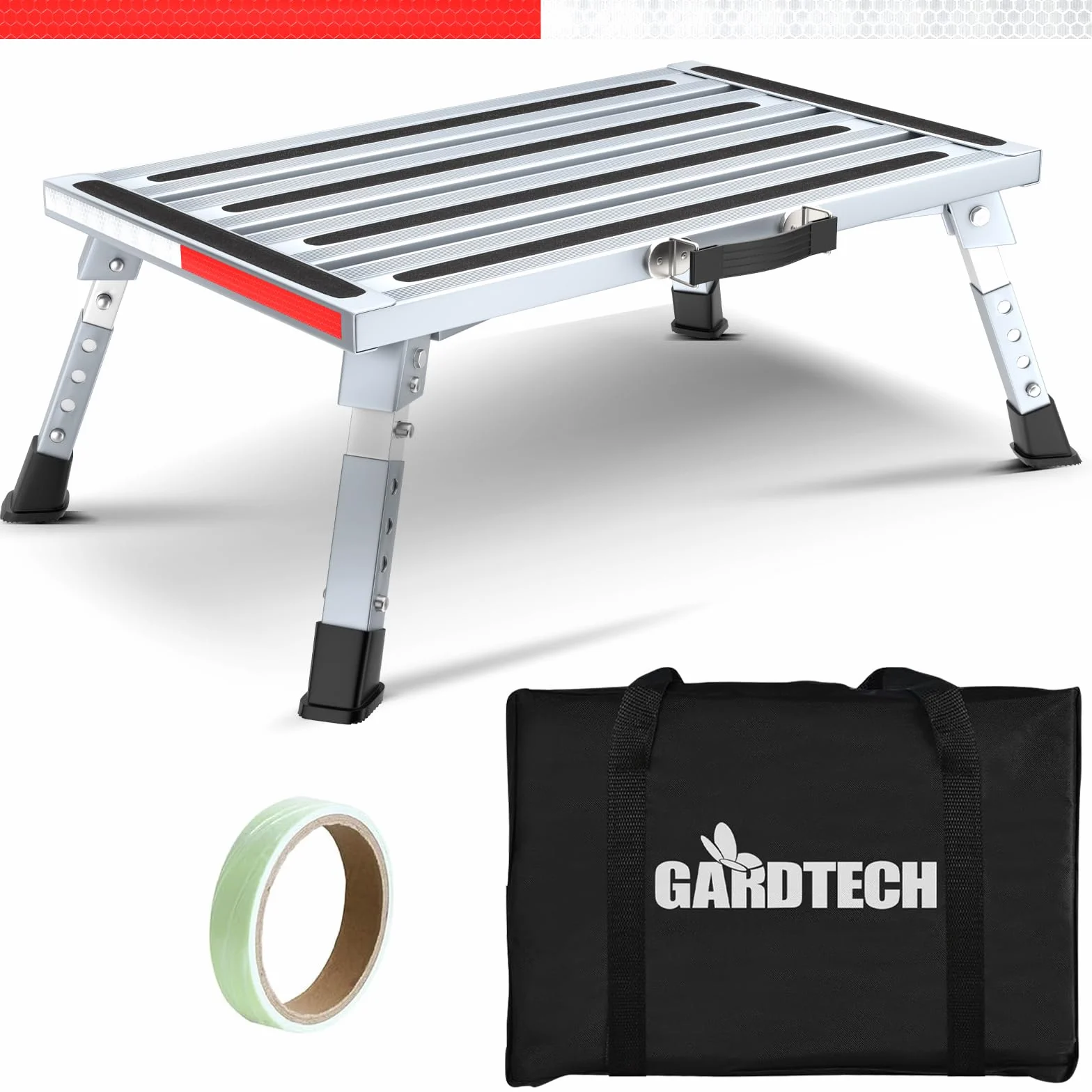 GARDTECH Krok przyczepy, aluminiowy składany krok Max Load 150 kg dla Caravan Camper SUV, Camping Bus lub jako podnóżek domowy, z paskami fluorescencyjnymi